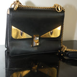 FENDI  Vitello Liberty Metal Monster Eyes Small Kan I Shoulder Bag Black Gold