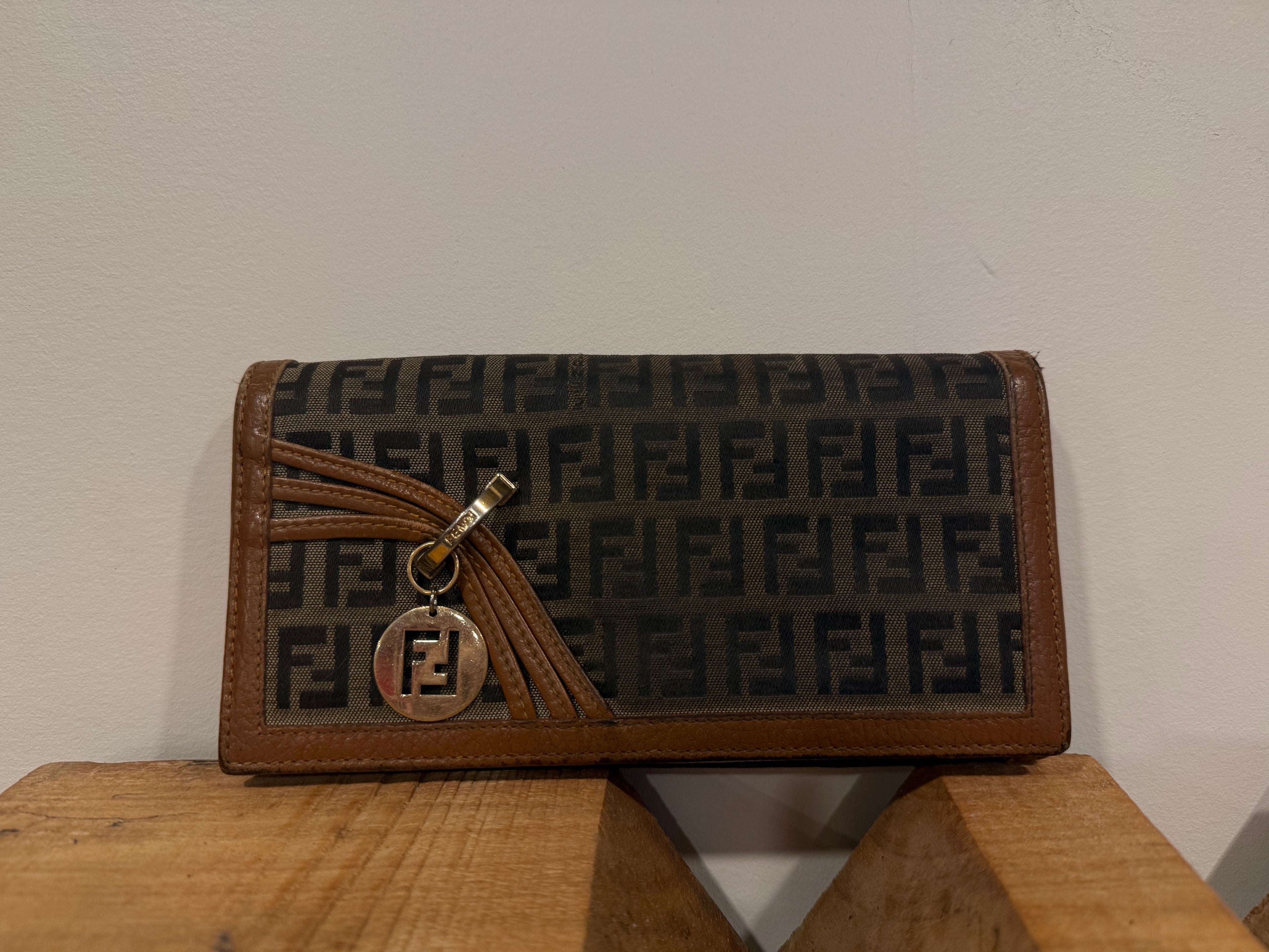 Fendi Monogram Brown Leather Wallet W/ Chain
