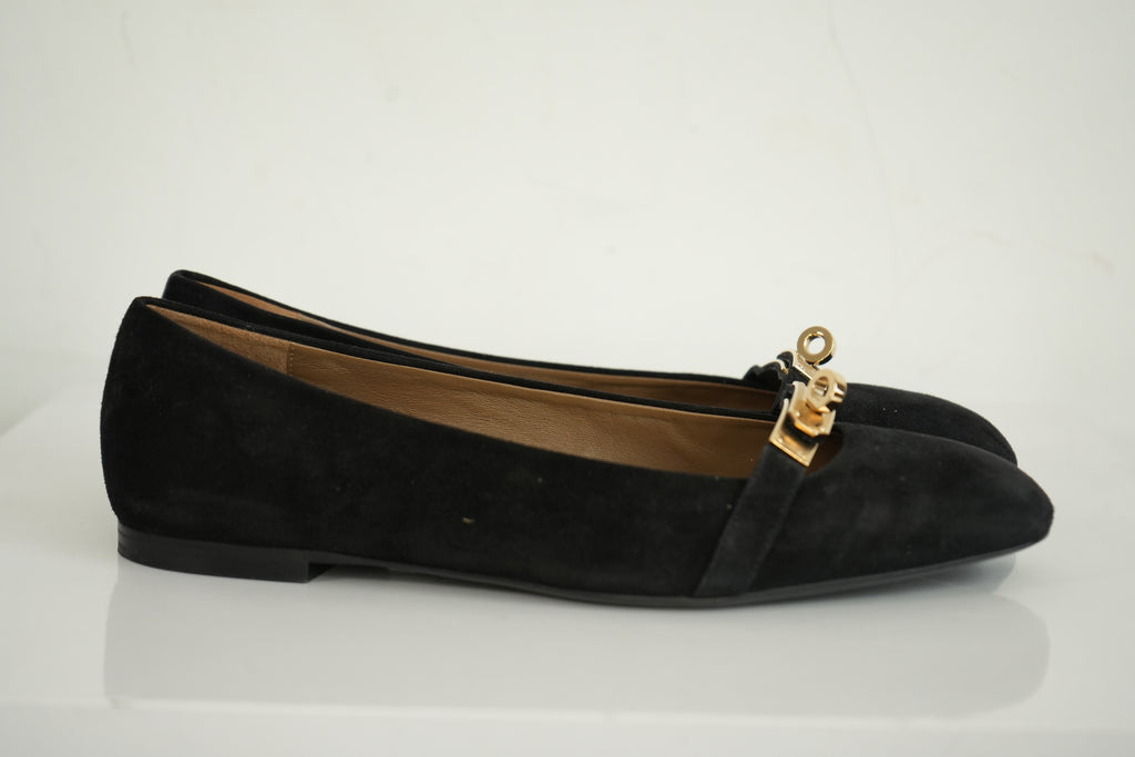 Hermès Black Bilbao Suede Kelly Ballet Flats (size 38)
