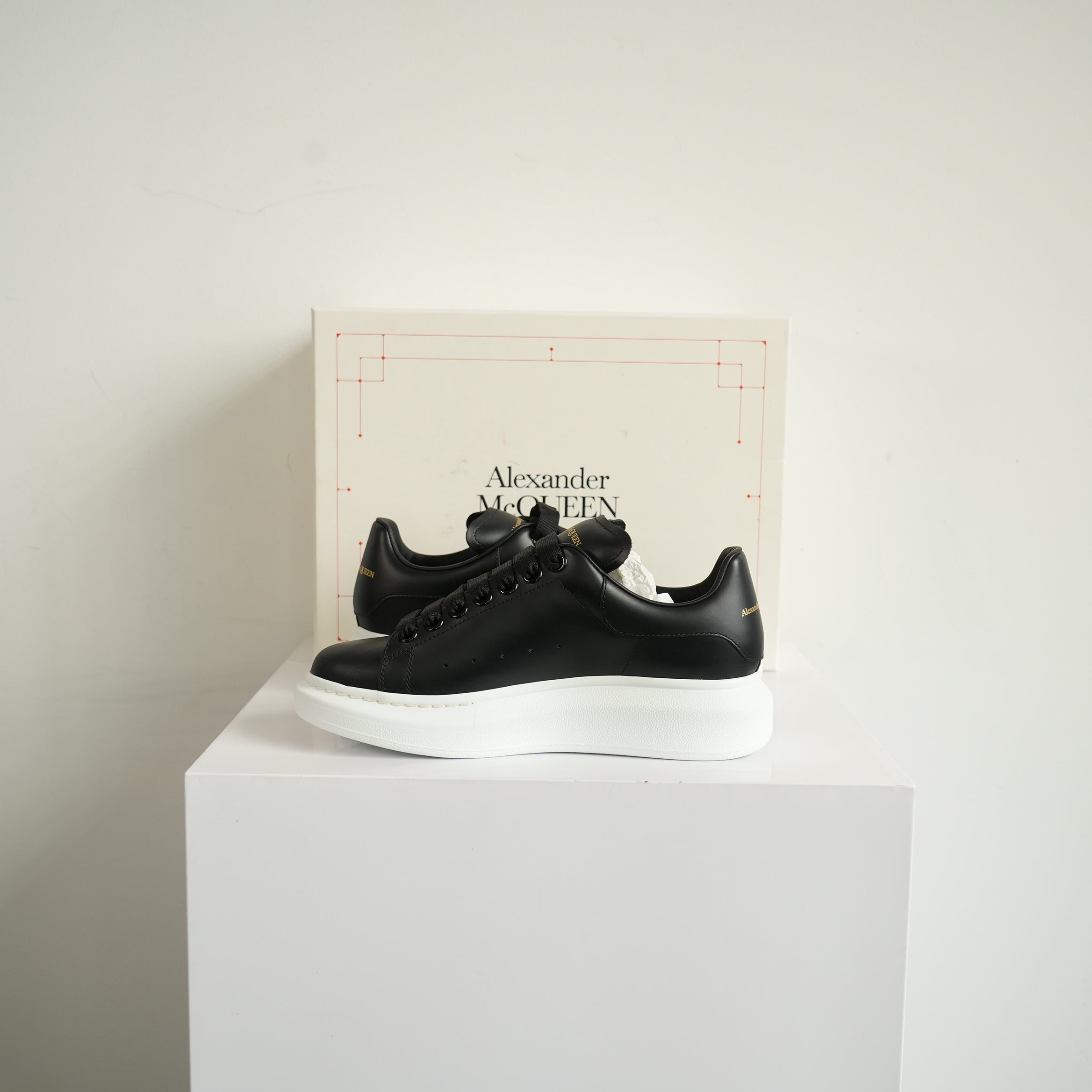 Alexander McQueen Black Oversized Leather Platform Sneakers Size 37 With Box