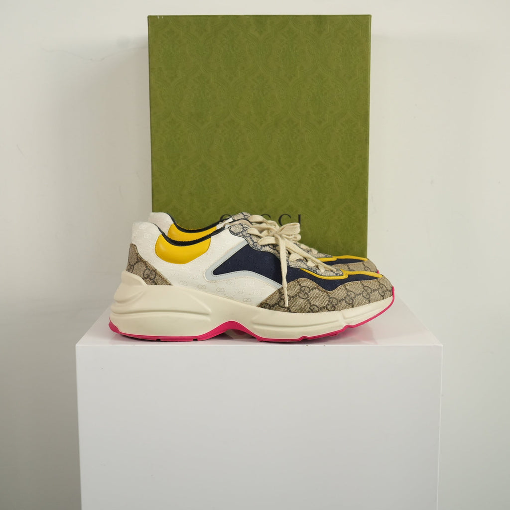Gucci GG Rhyton Beige White Yellow Sneakers Size 9 With box