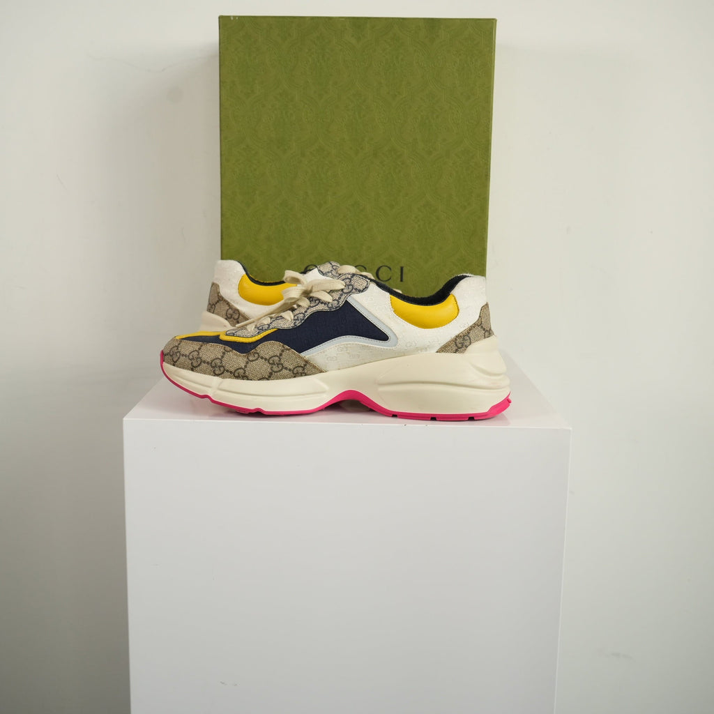 Gucci GG Rhyton Beige White Yellow Sneakers Size 9 With box