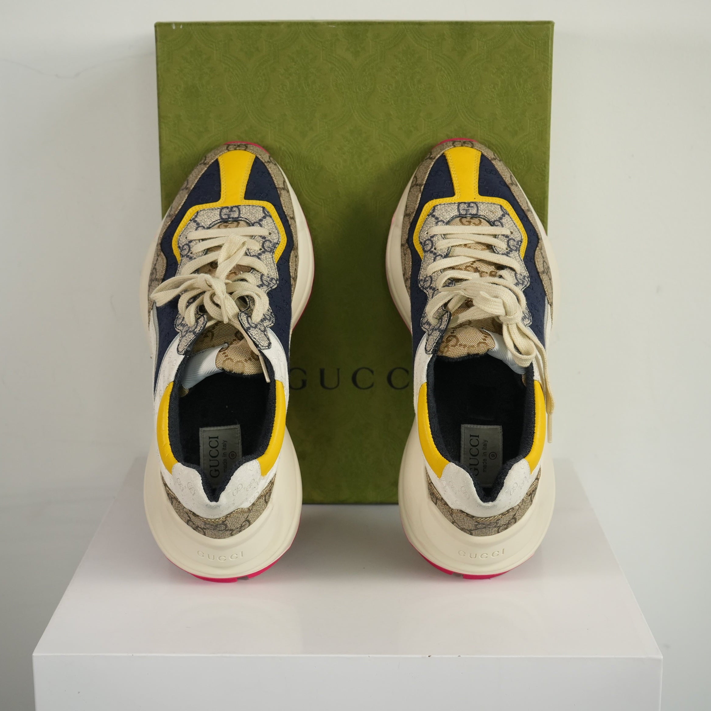 Gucci GG Rhyton Beige White Yellow Sneakers Size 9 With box