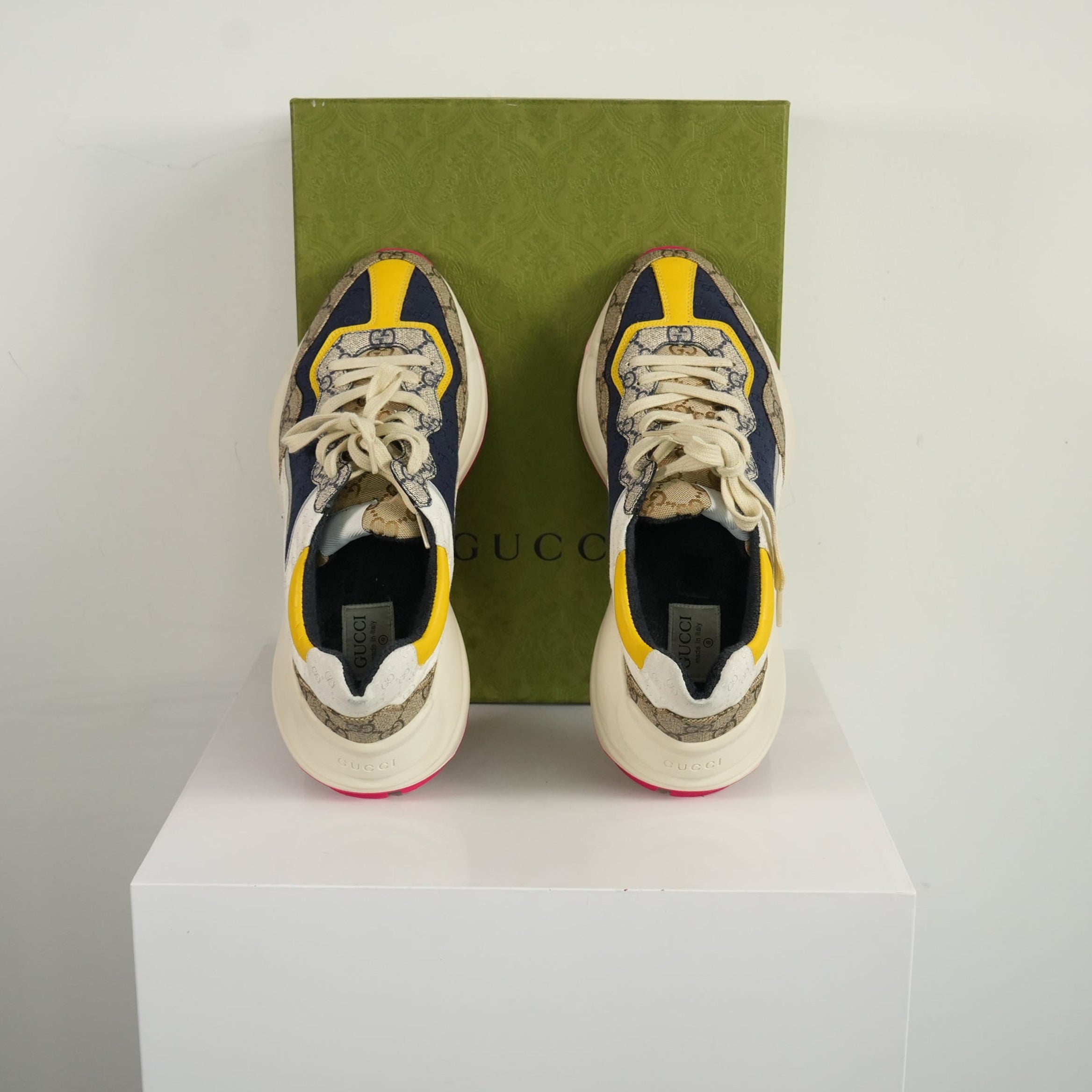 Gucci GG Rhyton Beige White Yellow Sneakers Size 9 With box