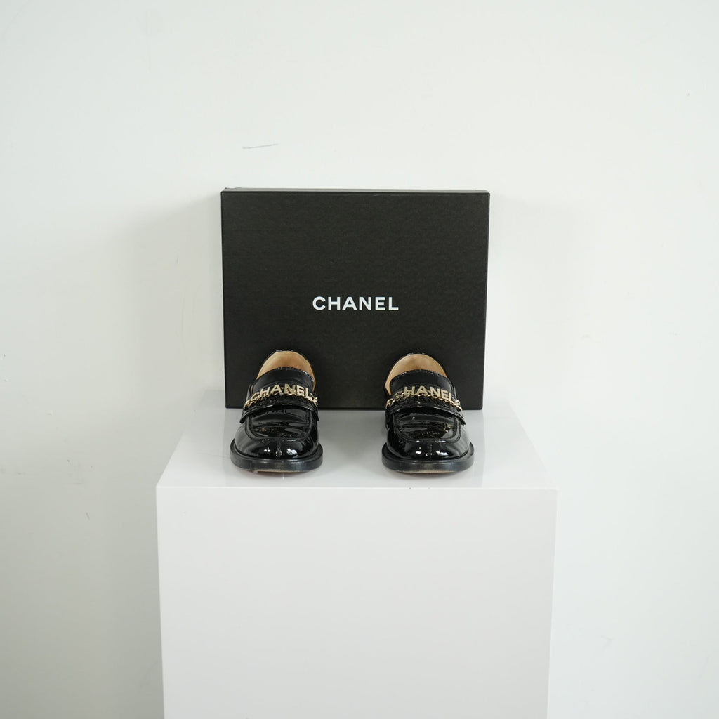 Chanel Black Patent leather Loafers Size 38 1/5 With Box