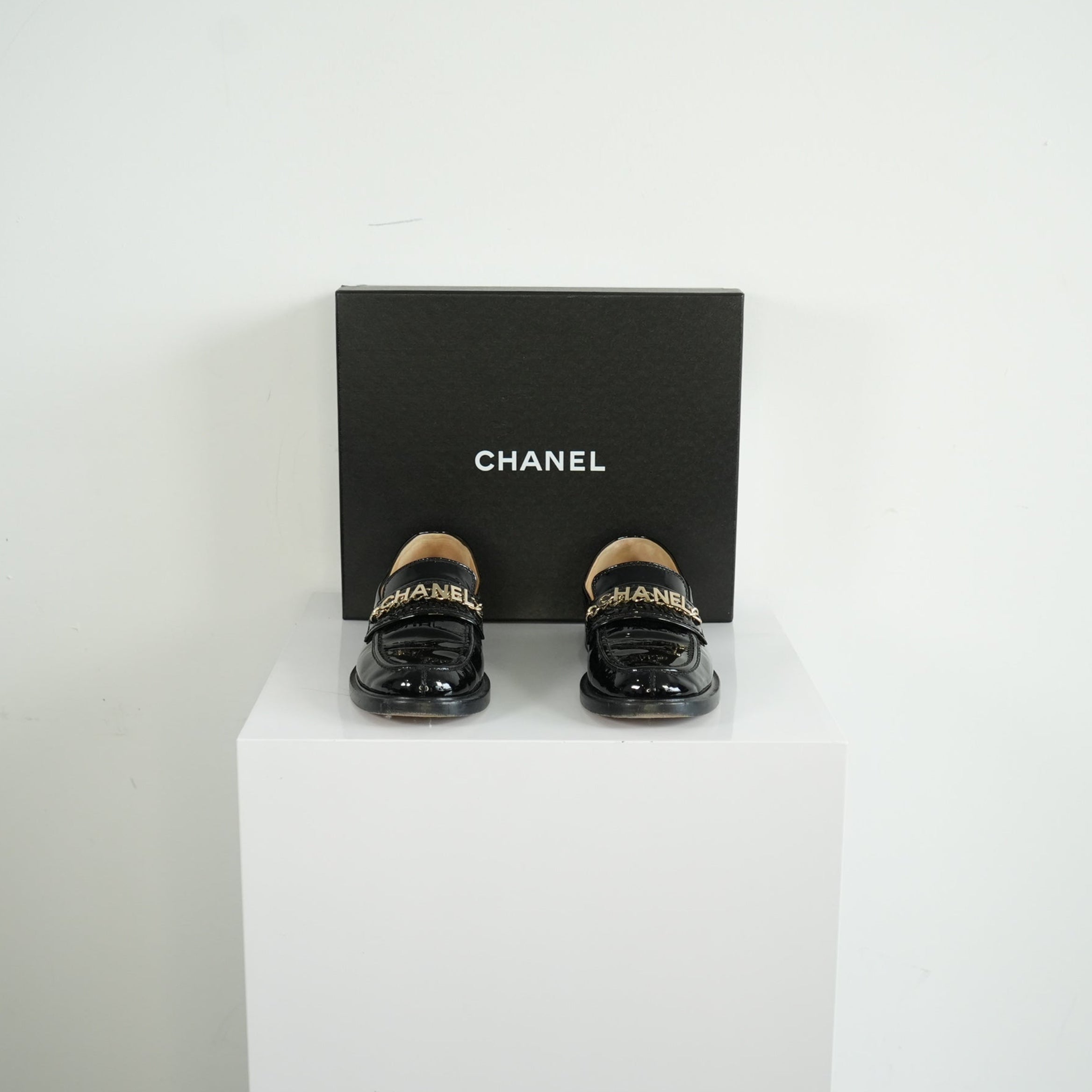 Chanel Black Patent leather Loafers Size 38 1/5 With Box