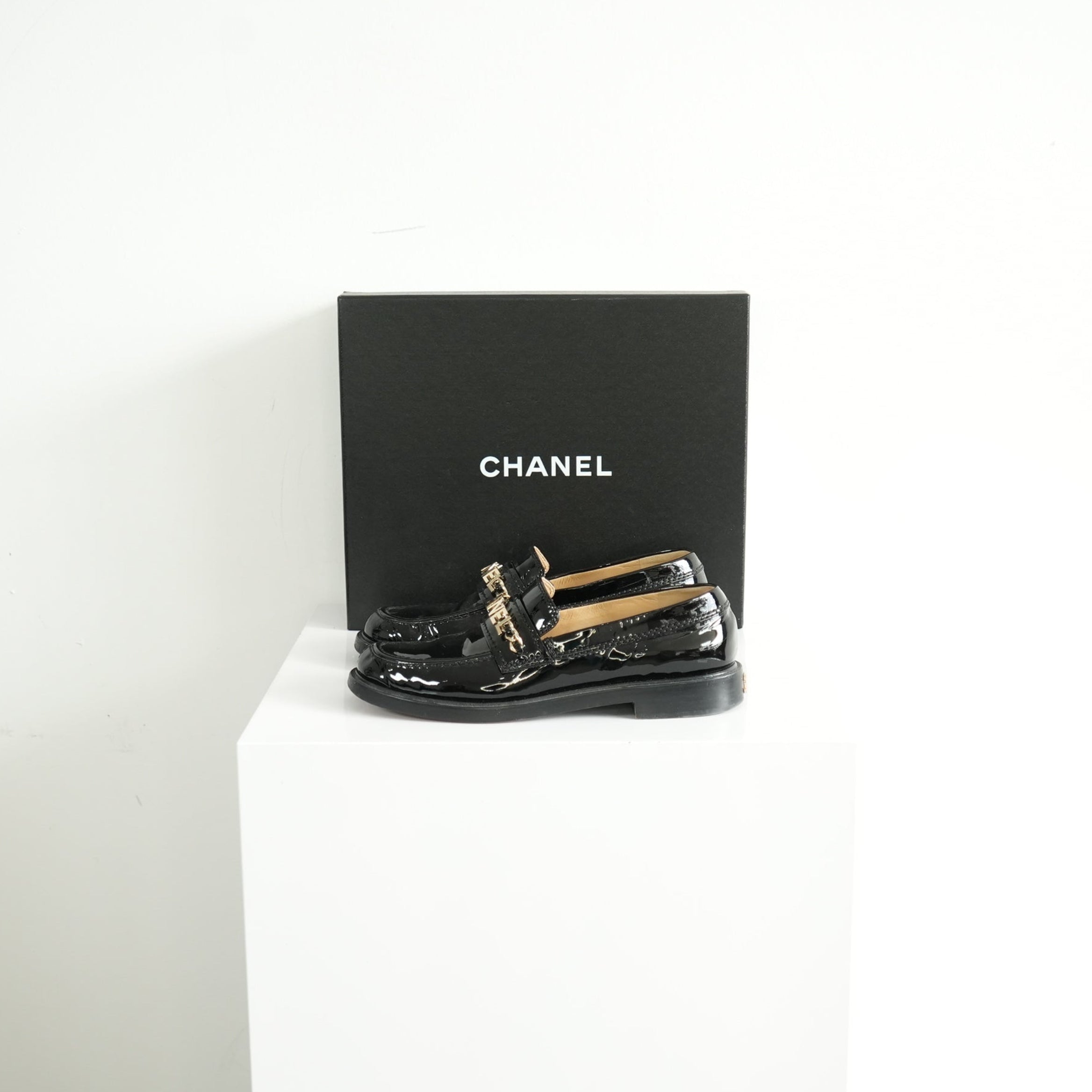 Chanel Black Patent leather Loafers Size 38 1/5 With Box