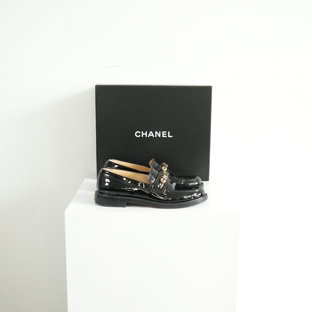 Chanel Black Patent leather Loafers Size 38 1/5 With Box