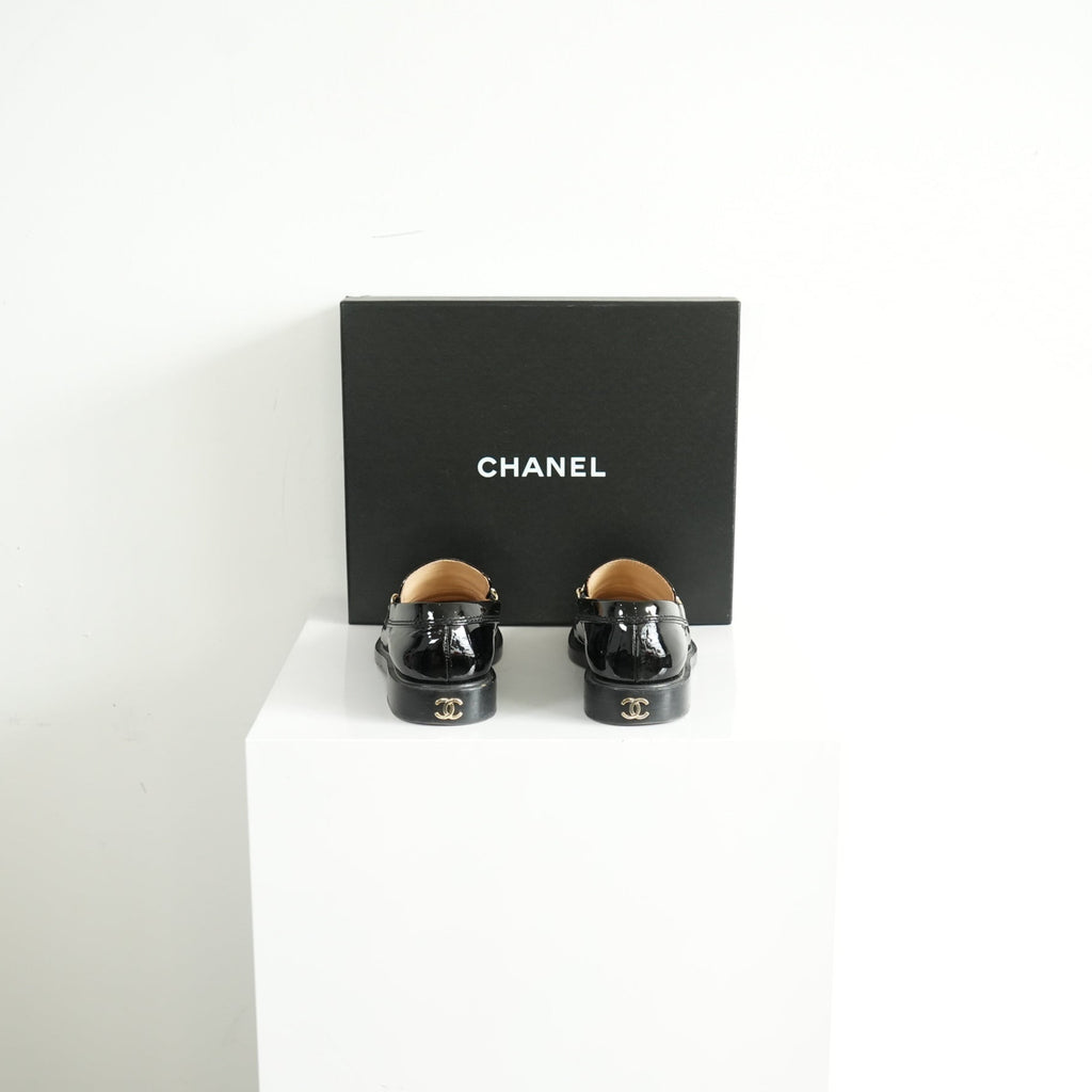 Chanel Black Patent leather Loafers Size 38 1/5 With Box