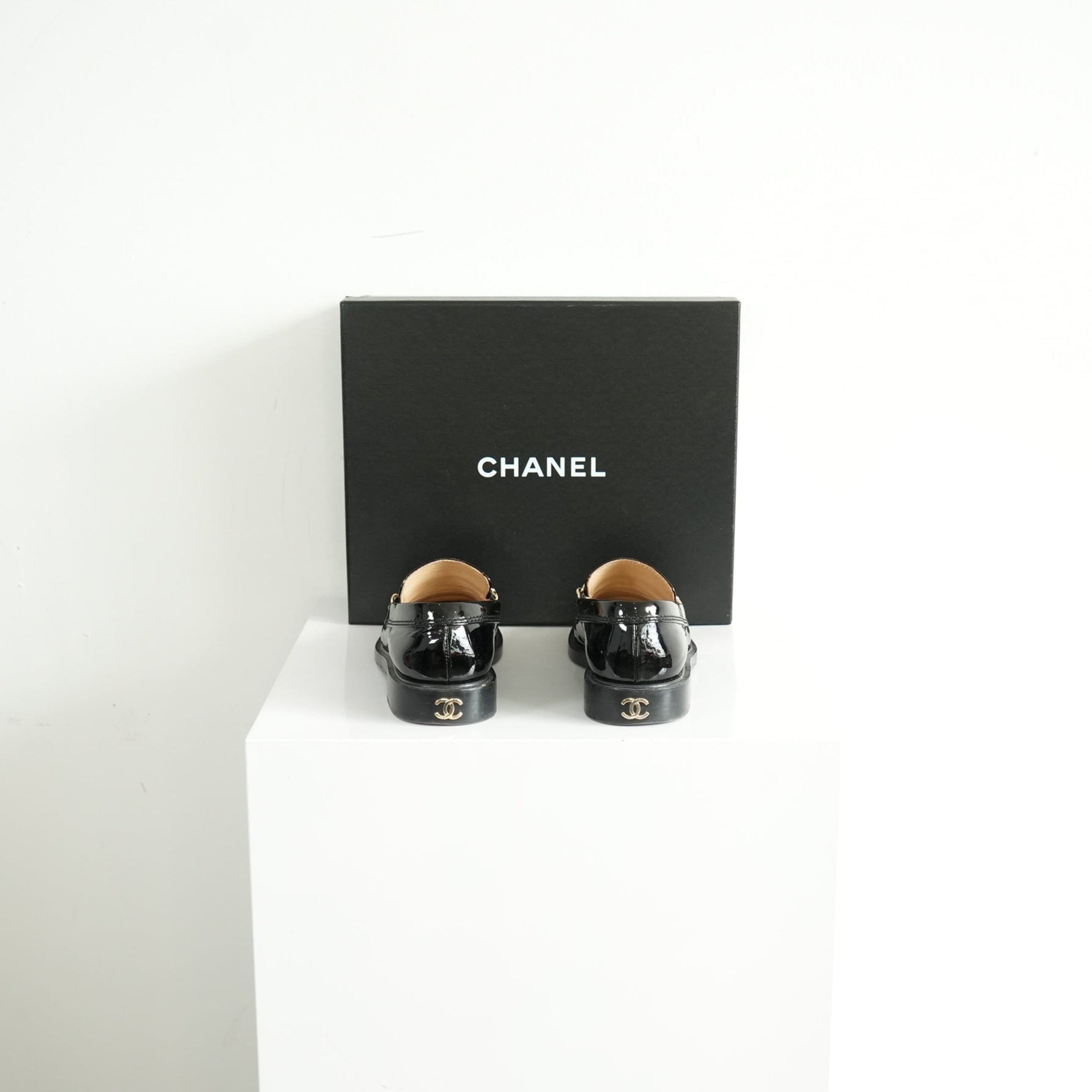 Chanel Black Patent leather Loafers Size 38 1/5 With Box