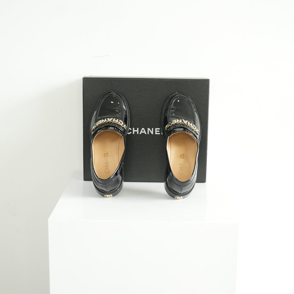 Chanel Black Patent leather Loafers Size 38 1/5 With Box