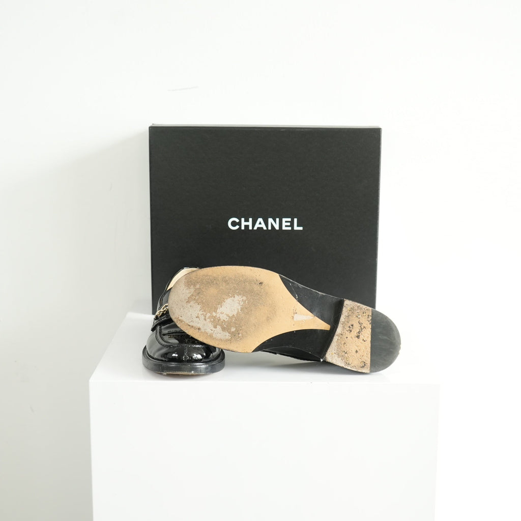 Chanel Black Patent leather Loafers Size 38 1/5 With Box