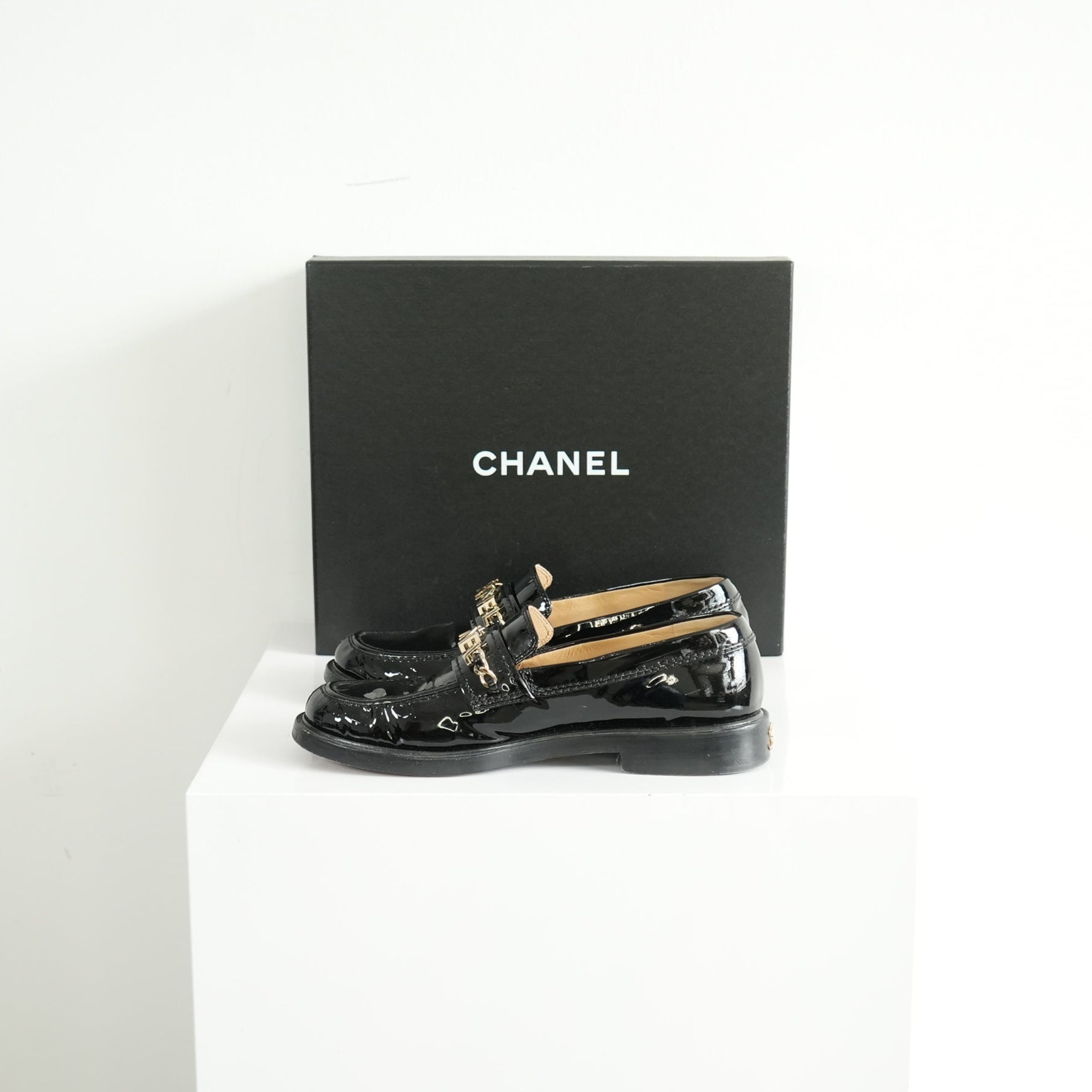 Chanel Black Patent leather Loafers Size 38 1/5 With Box