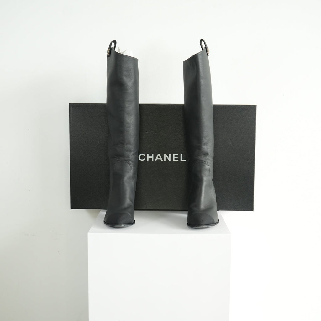 Chanel Black Leather Knee High Boots Size 41 With Box
