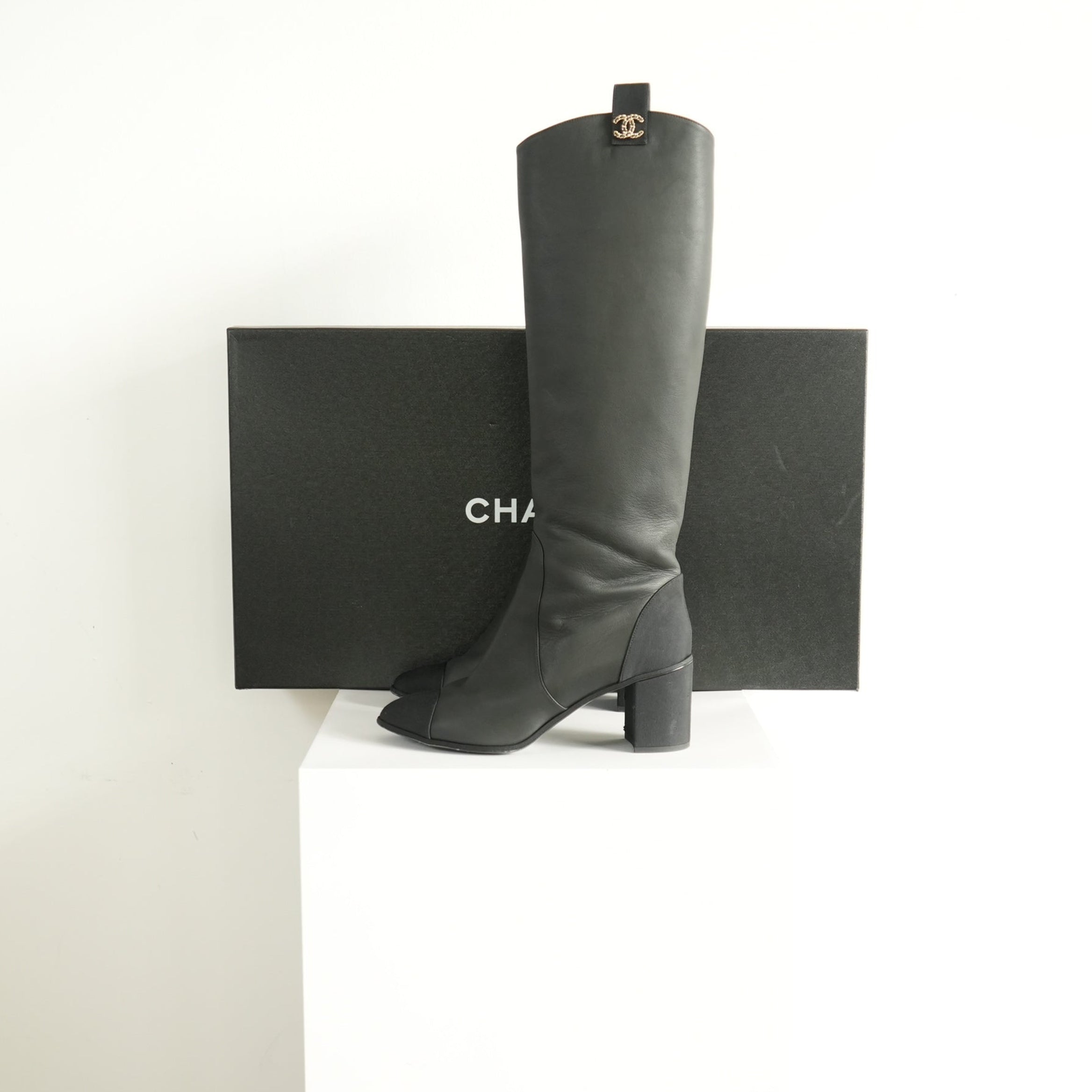 Chanel Black Leather Knee High Boots Size 41 With Box