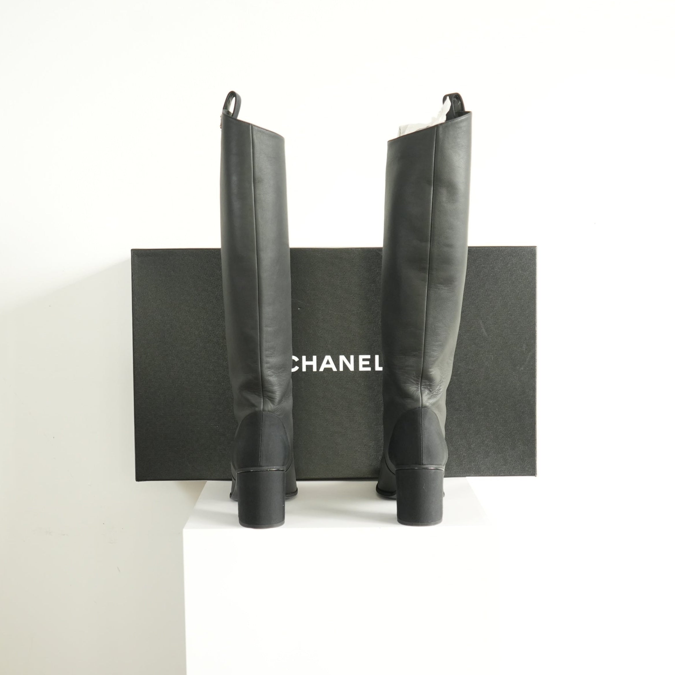 Chanel Black Leather Knee High Boots Size 41 With Box