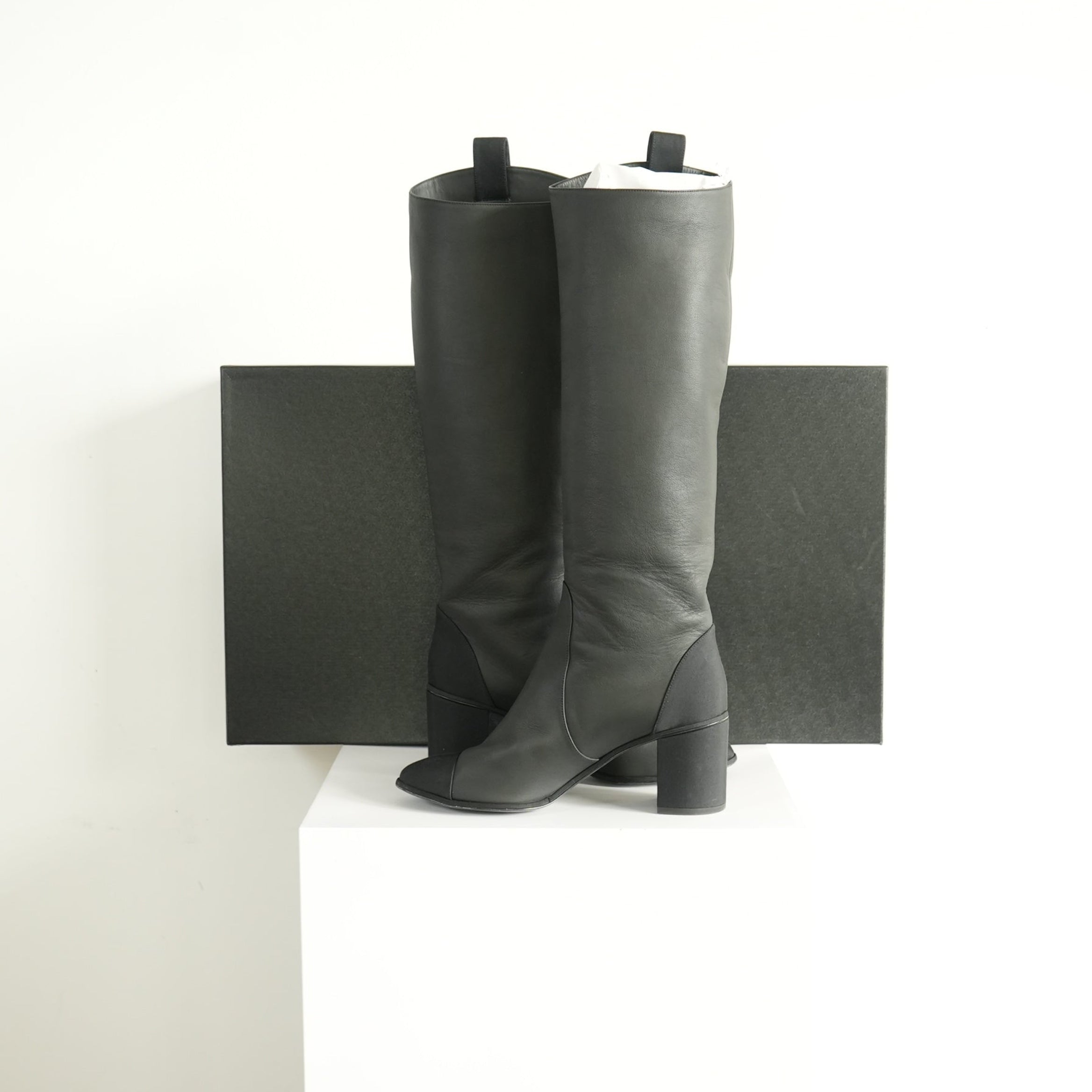 Chanel Black Leather Knee High Boots Size 41 With Box