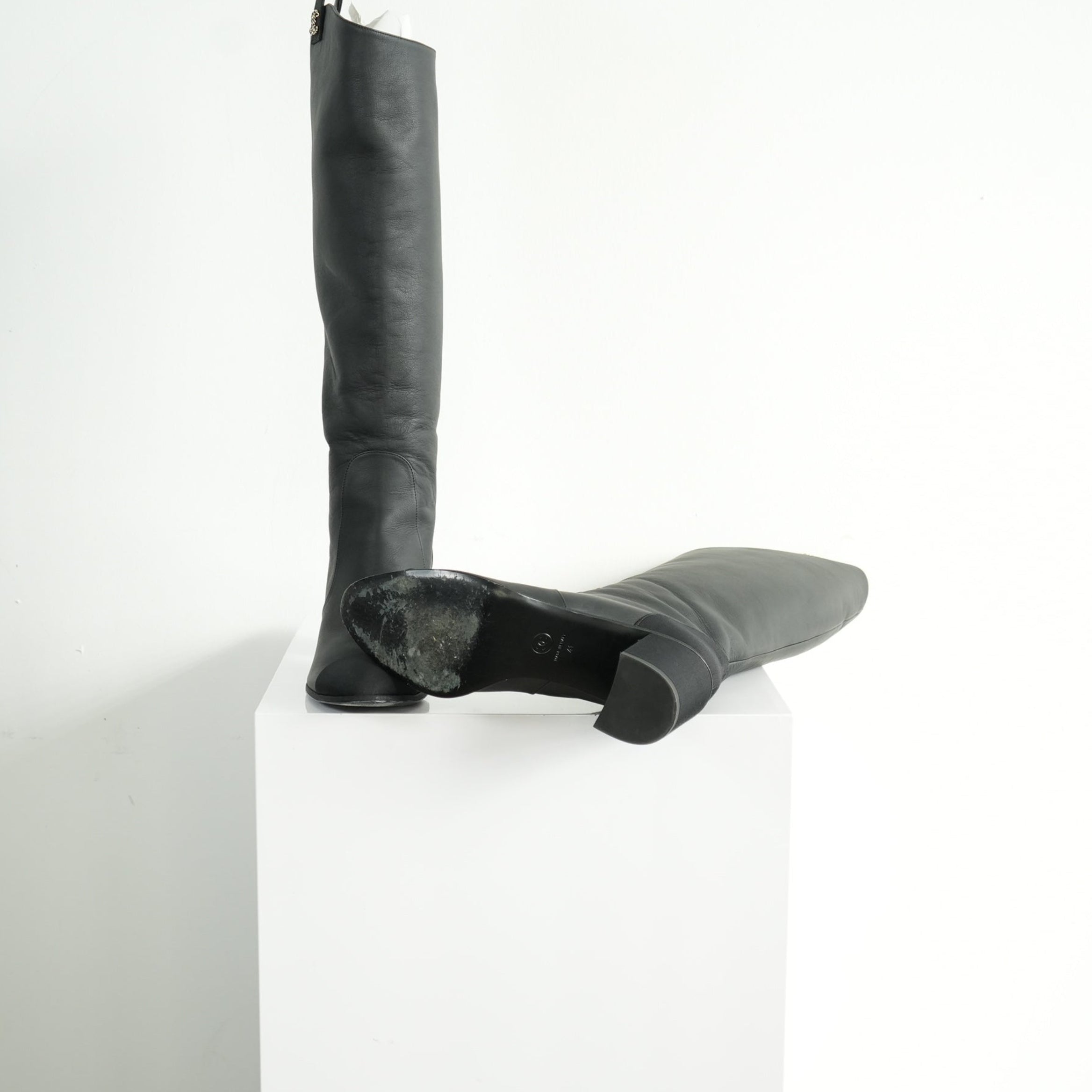 Chanel Black Leather Knee High Boots Size 41 With Box