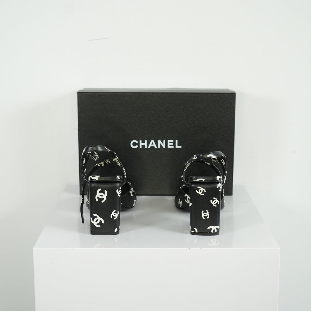 Chanel Printed Lambskin CC Platform Sandals Size 40.5 With Box