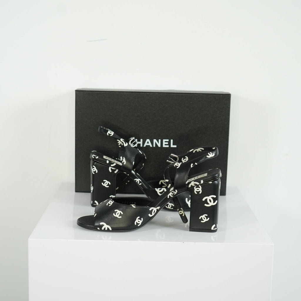 Chanel Printed Lambskin CC Platform Sandals Size 40.5 With Box