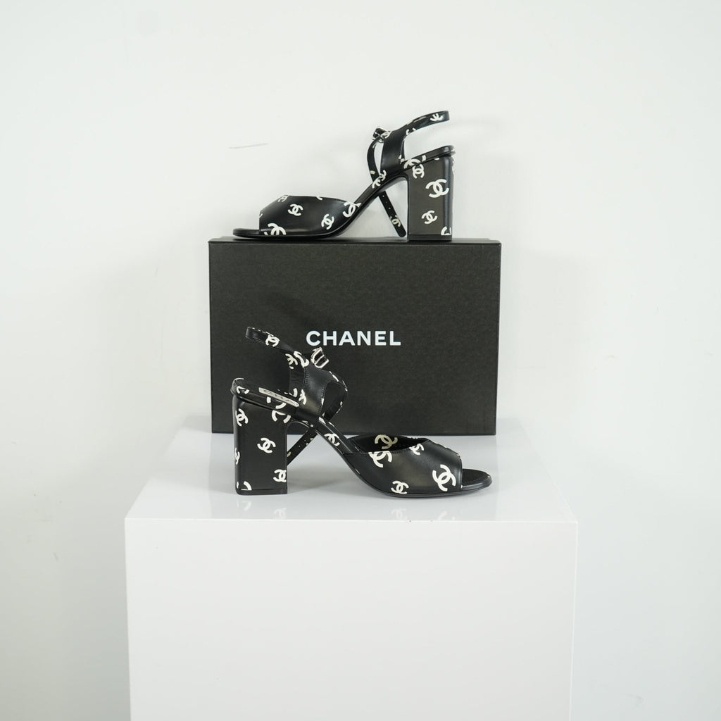 Chanel Printed Lambskin CC Platform Sandals Size 40.5 With Box