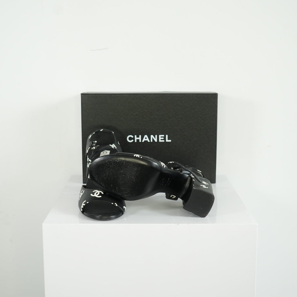 Chanel Printed Lambskin CC Platform Sandals Size 40.5 With Box