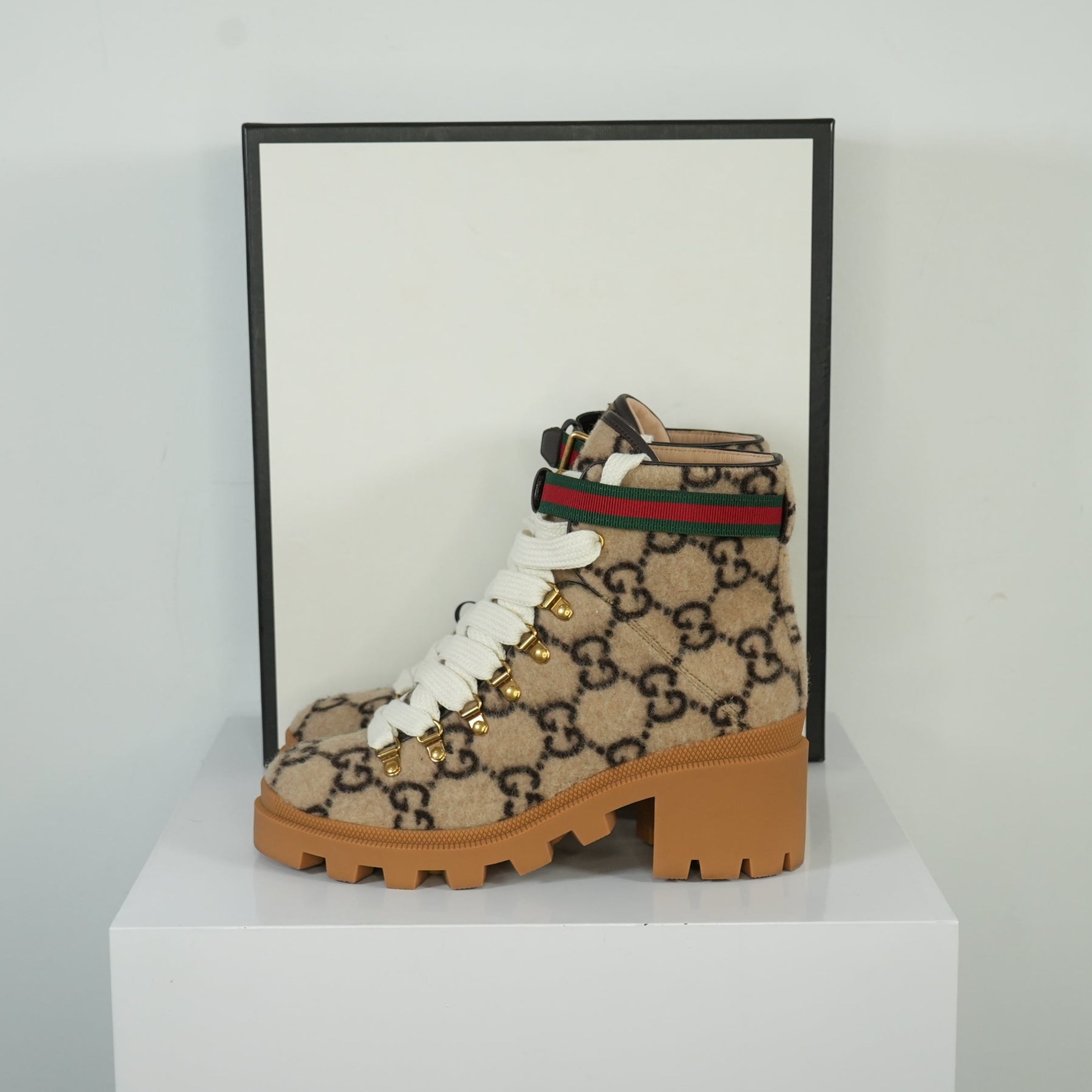 Gucci Trip GG Monogram Wool Combat Boots Size 39 1/5 Full Set