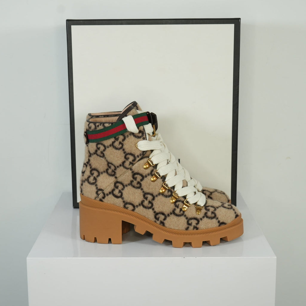 Gucci Trip GG Monogram Wool Combat Boots Size 39 1/5 Full Set