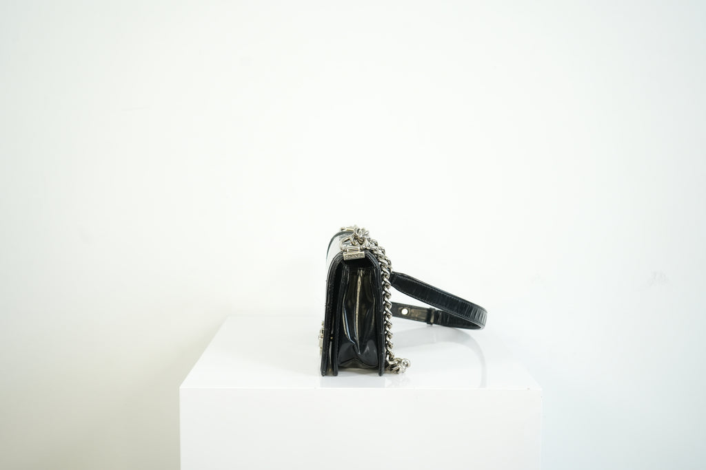 Chanel Black Patent Leather Boy Bag Silver Hardware