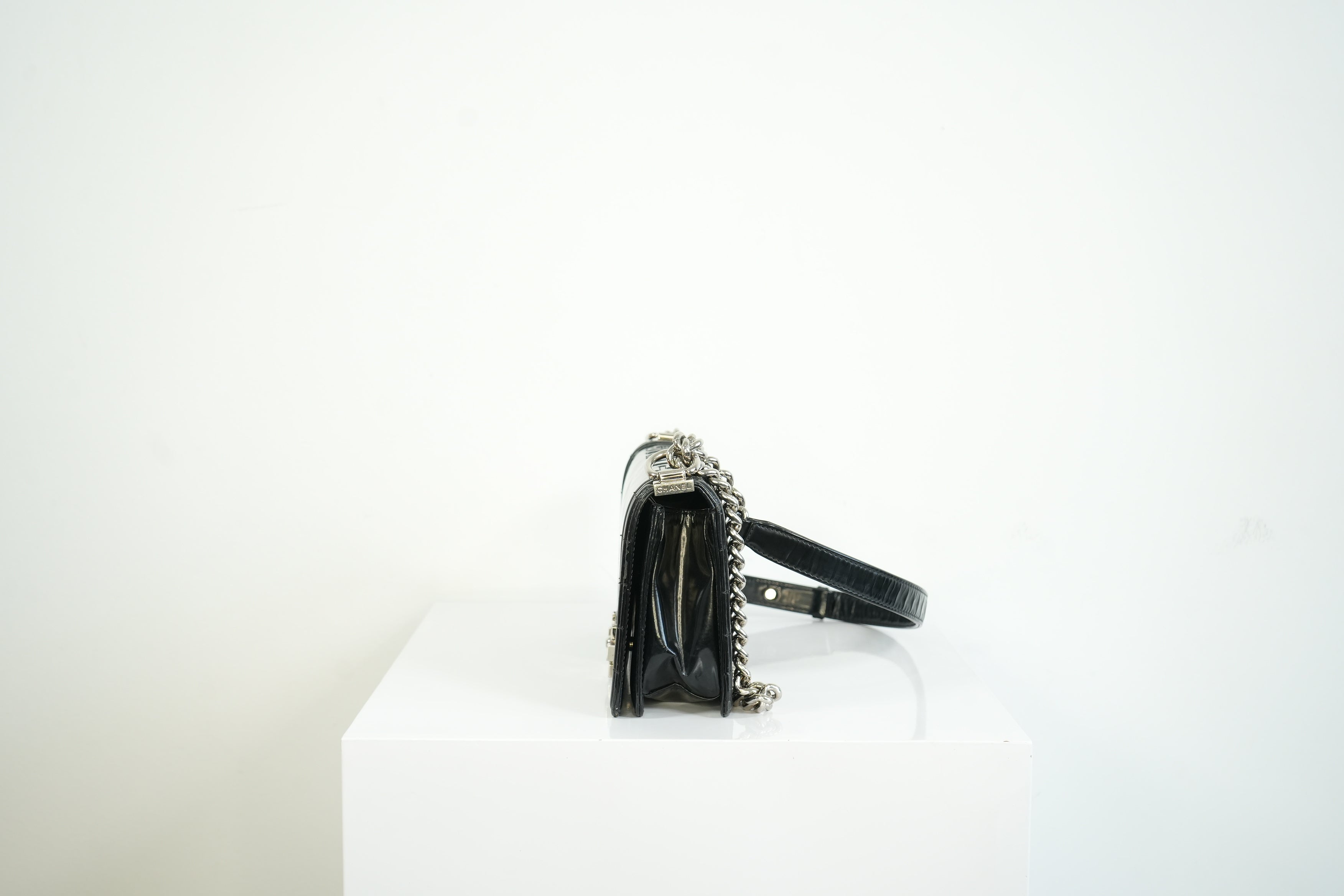 Chanel Black Patent Leather Boy Bag Silver Hardware