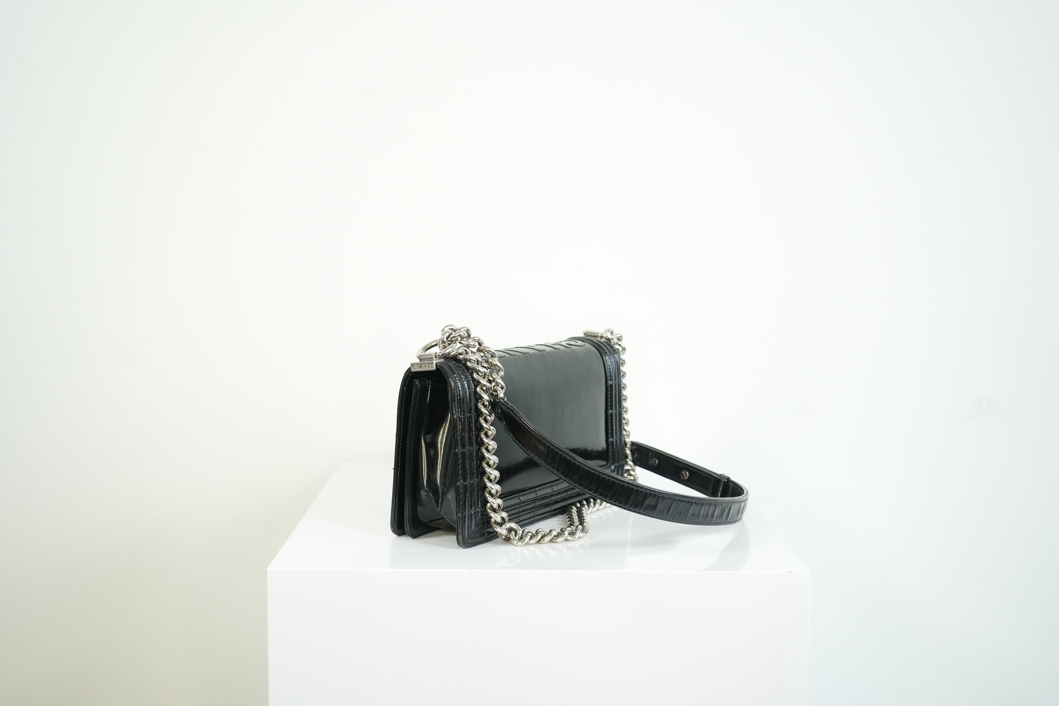 Chanel Black Patent Leather Boy Bag Silver Hardware