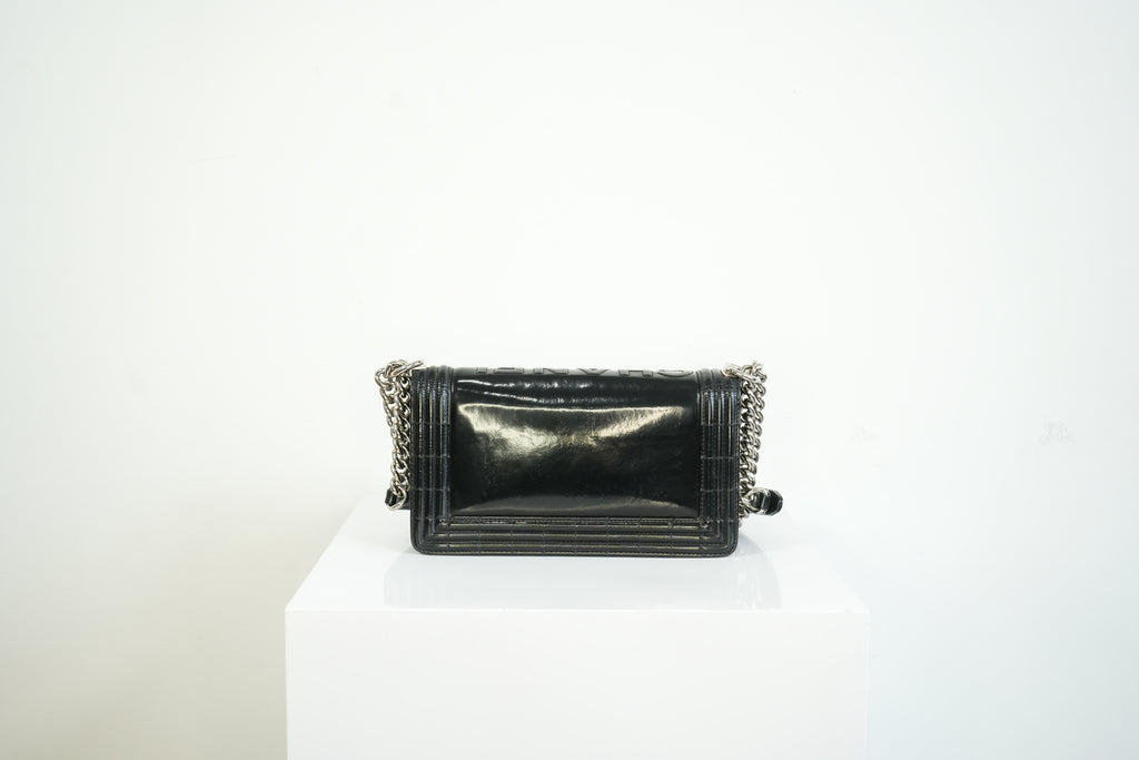 Chanel Black Patent Leather Boy Bag Silver Hardware
