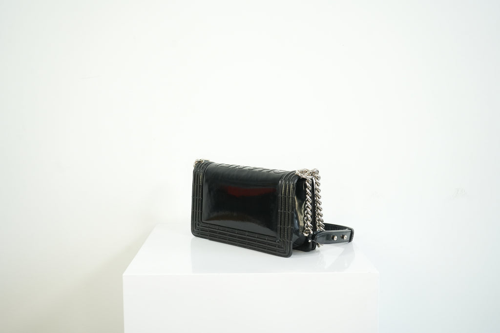 Chanel Black Patent Leather Boy Bag Silver Hardware