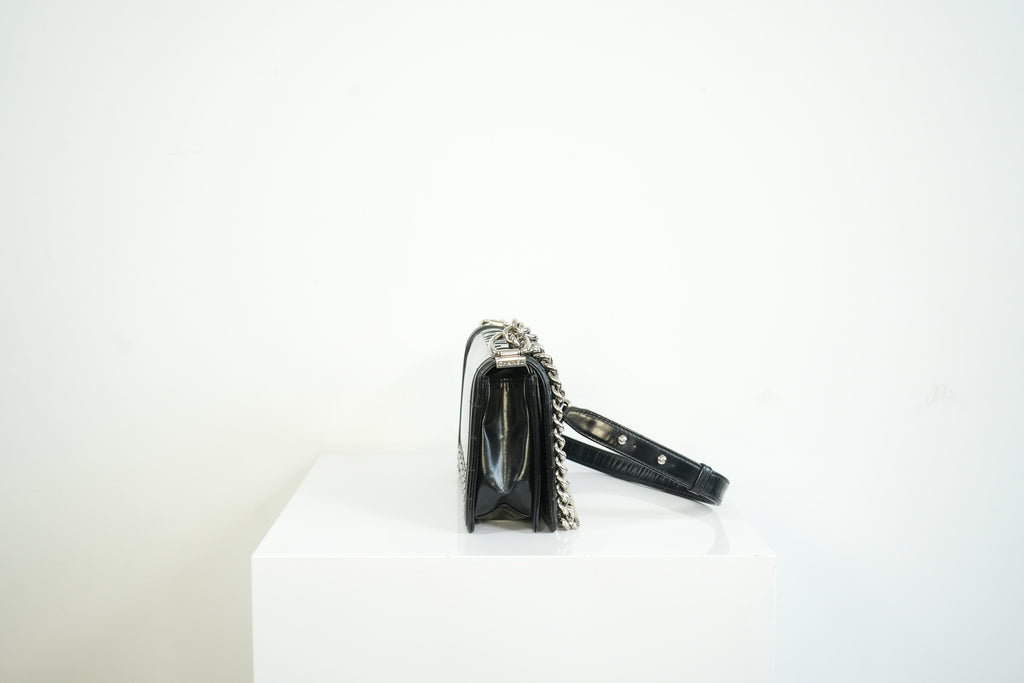 Chanel Black Patent Leather Boy Bag Silver Hardware
