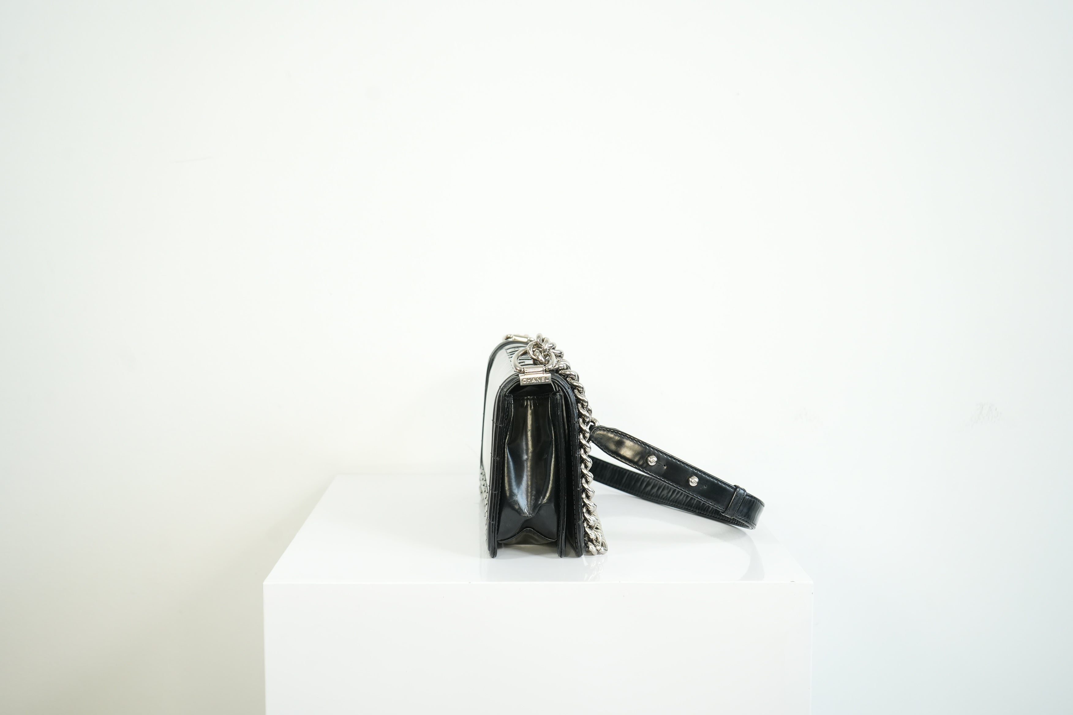 Chanel Black Patent Leather Boy Bag Silver Hardware