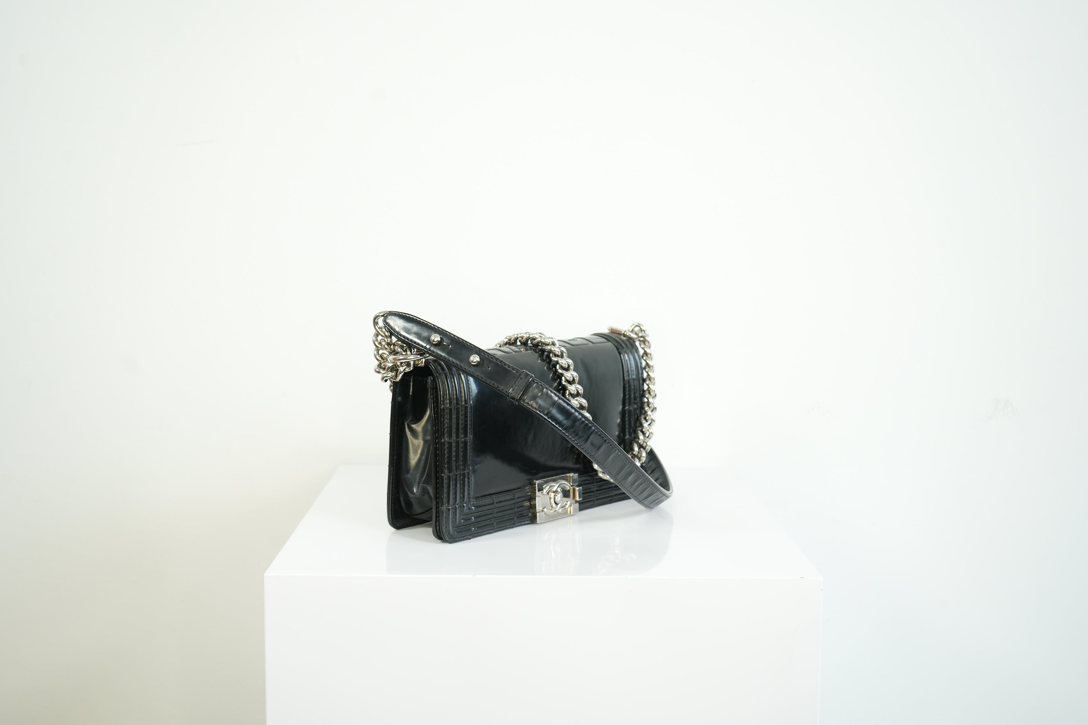Chanel Black Patent Leather Boy Bag Silver Hardware