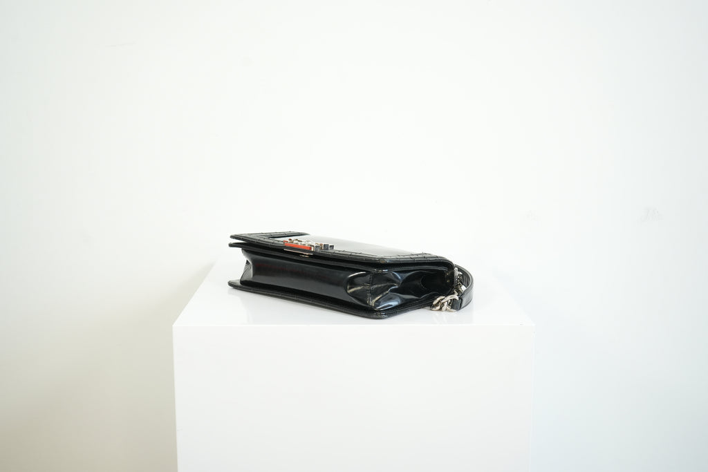 Chanel Black Patent Leather Boy Bag Silver Hardware