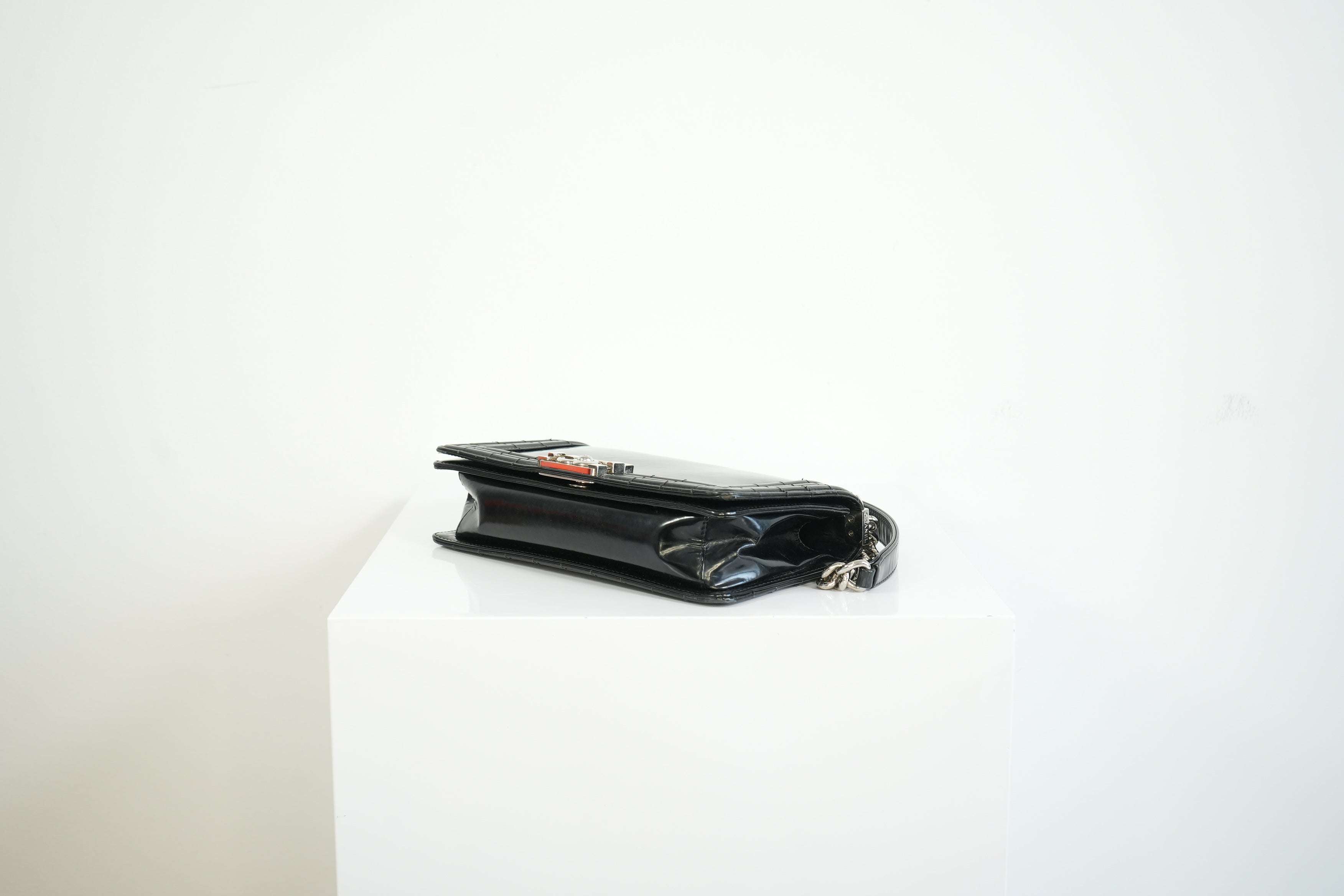 Chanel Black Patent Leather Boy Bag Silver Hardware