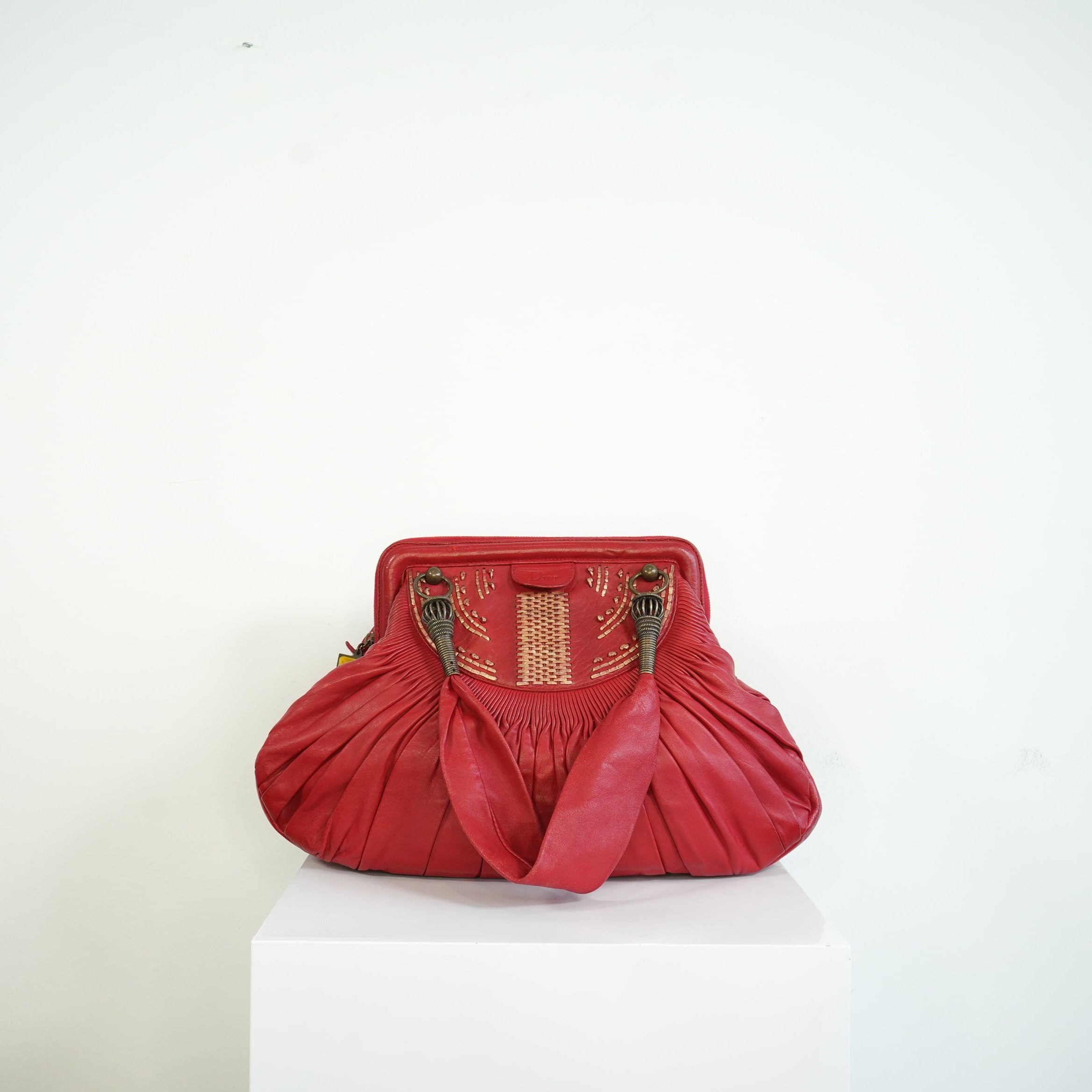 Christian Doir Plisse Large Pleated Red Lambskin Leather Handbag