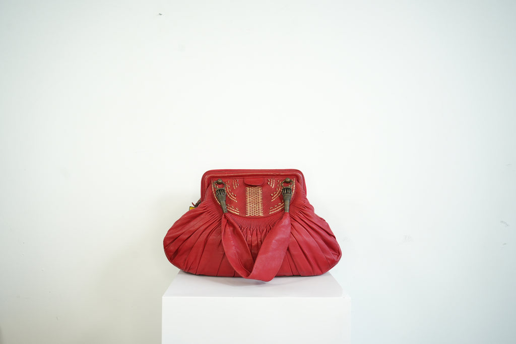 Christian Doir Plisse Large Pleated Red Lambskin Leather Handbag