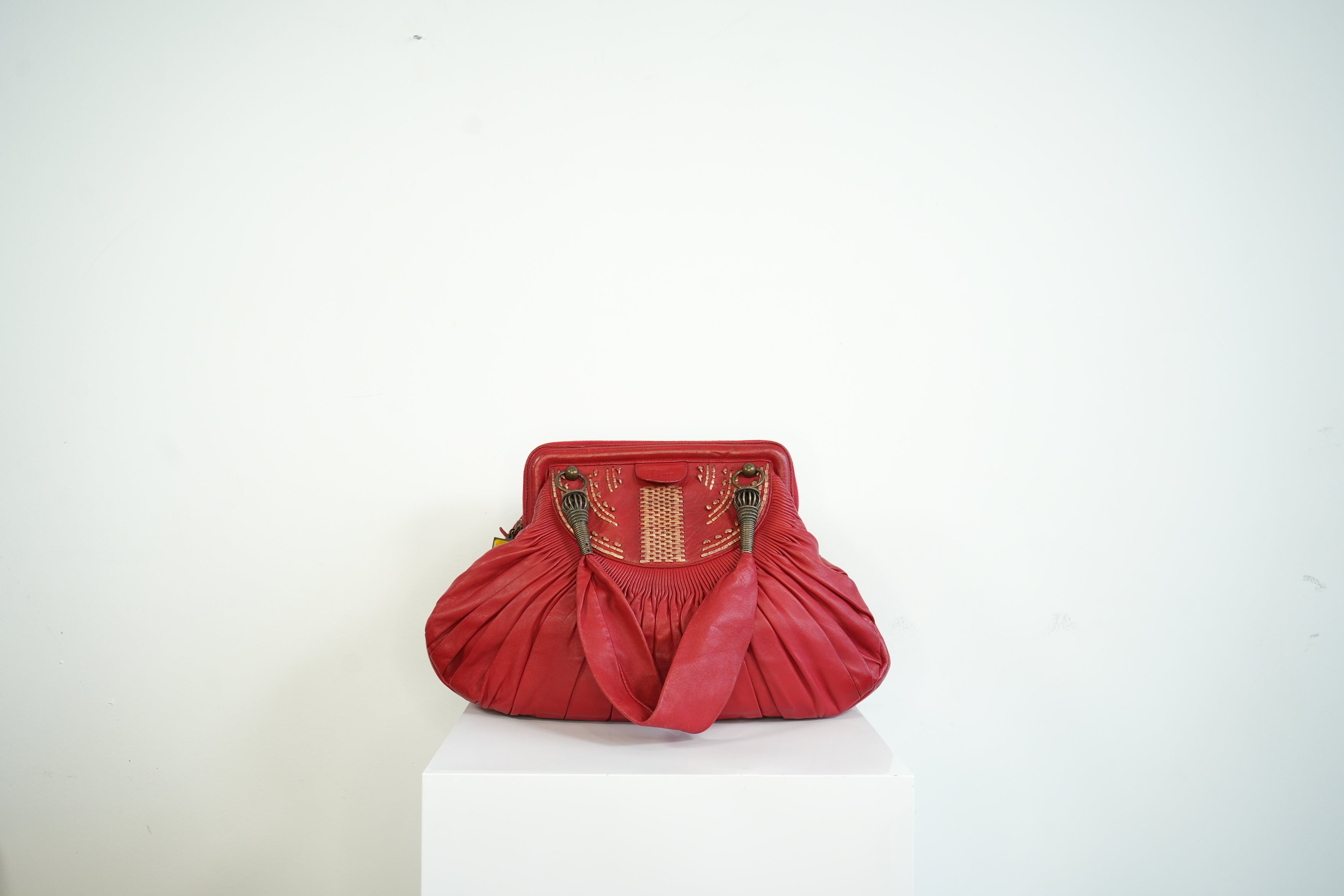 Christian Doir Plisse Large Pleated Red Lambskin Leather Handbag