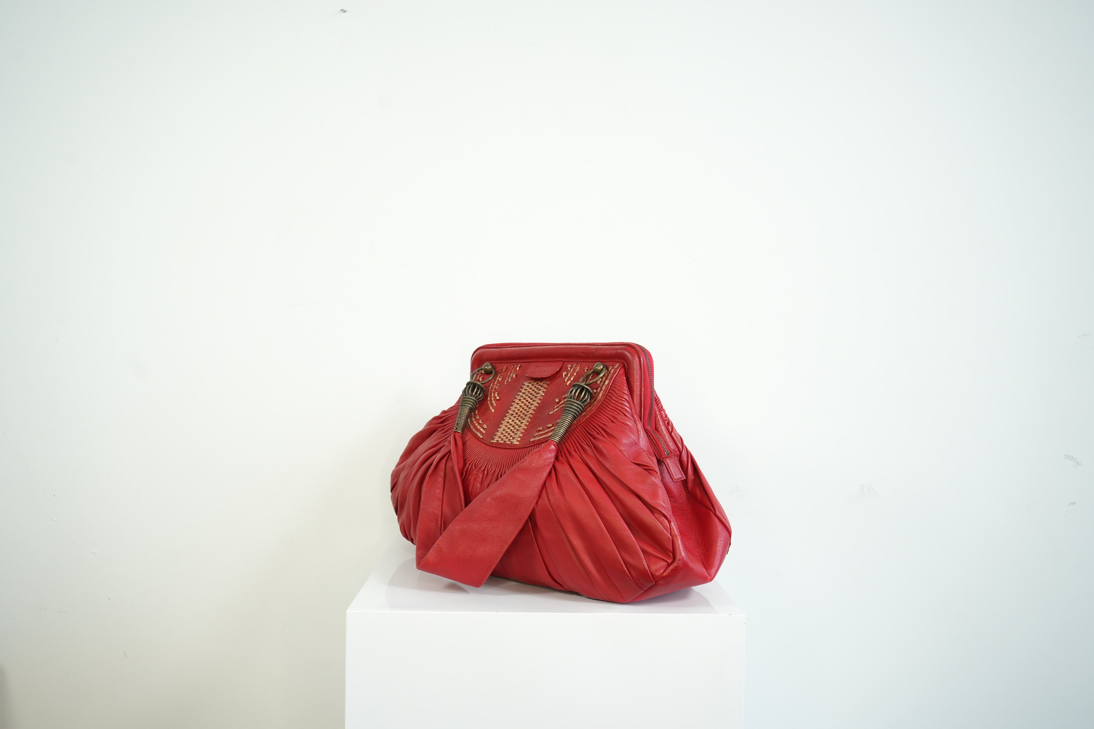 Christian Doir Plisse Large Pleated Red Lambskin Leather Handbag