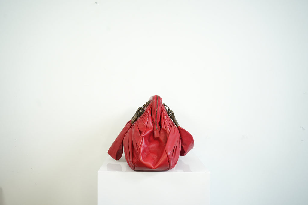 Christian Doir Plisse Large Pleated Red Lambskin Leather Handbag