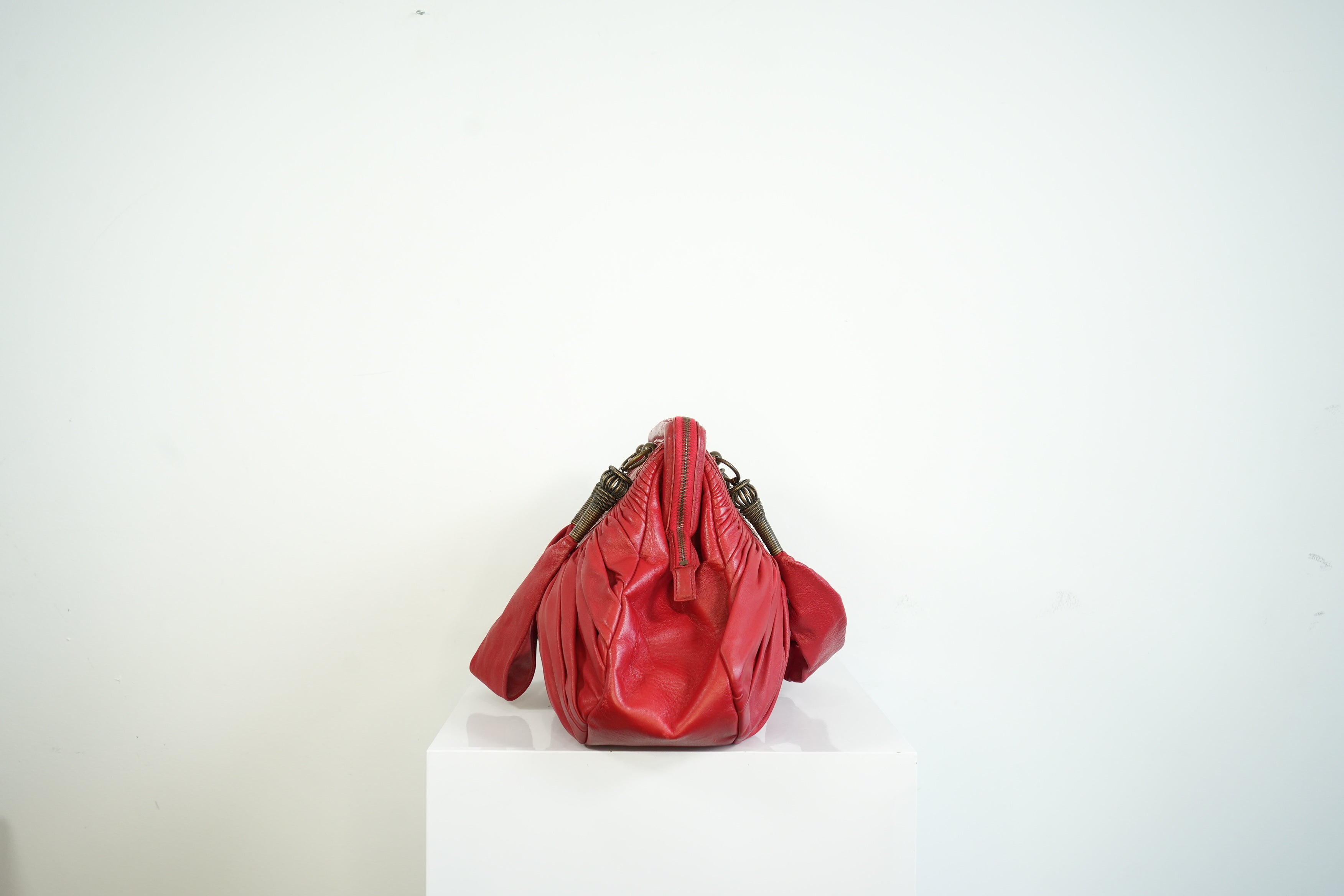 Christian Doir Plisse Large Pleated Red Lambskin Leather Handbag