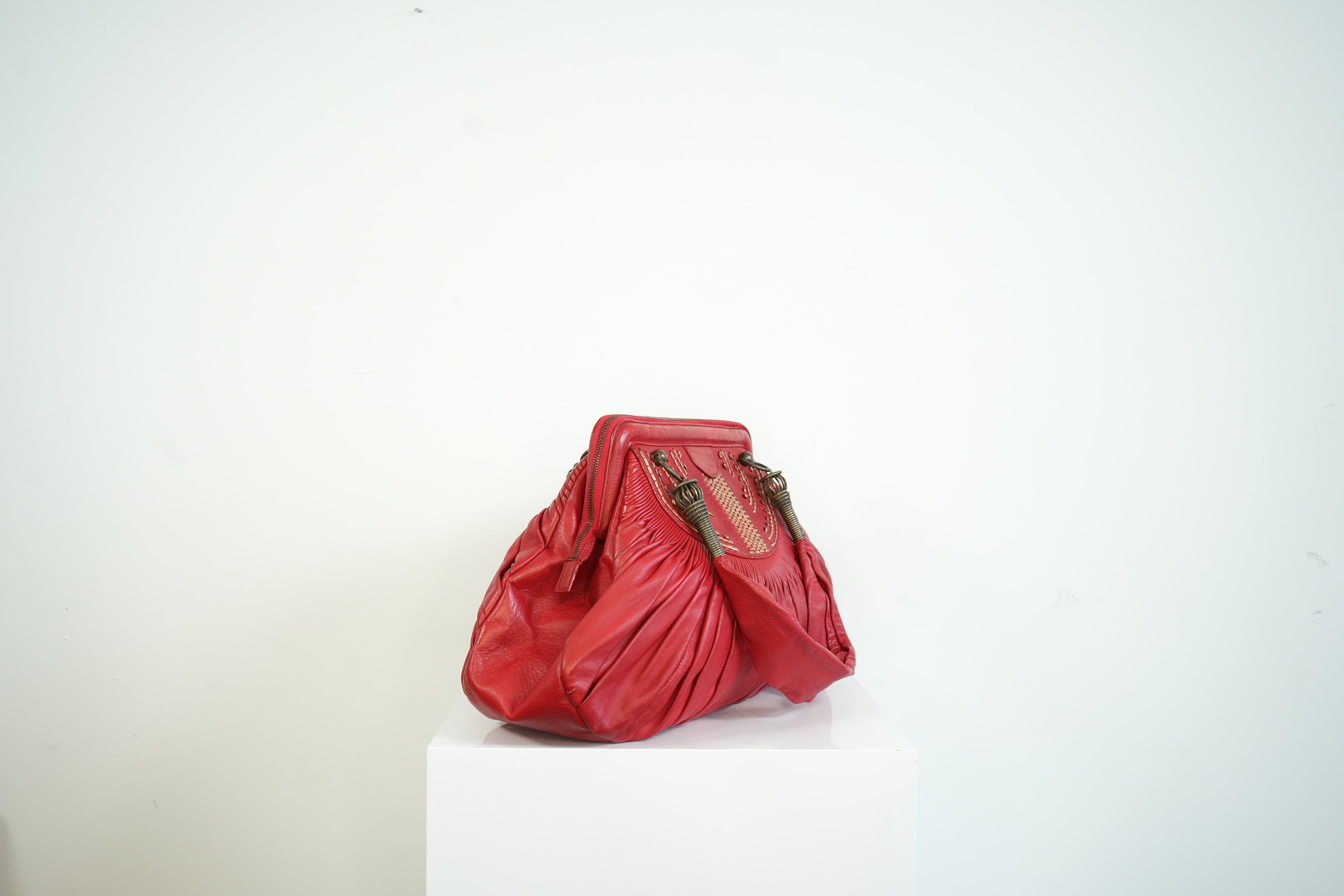 Christian Doir Plisse Large Pleated Red Lambskin Leather Handbag
