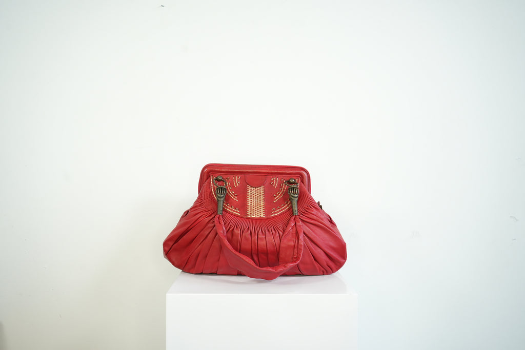 Christian Doir Plisse Large Pleated Red Lambskin Leather Handbag