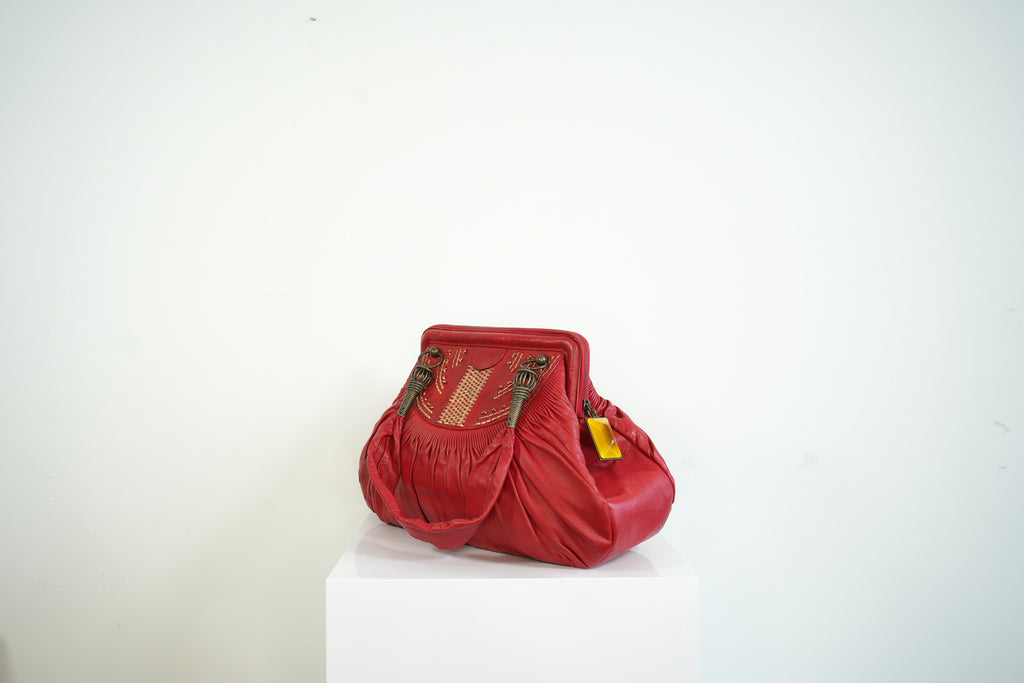 Christian Doir Plisse Large Pleated Red Lambskin Leather Handbag