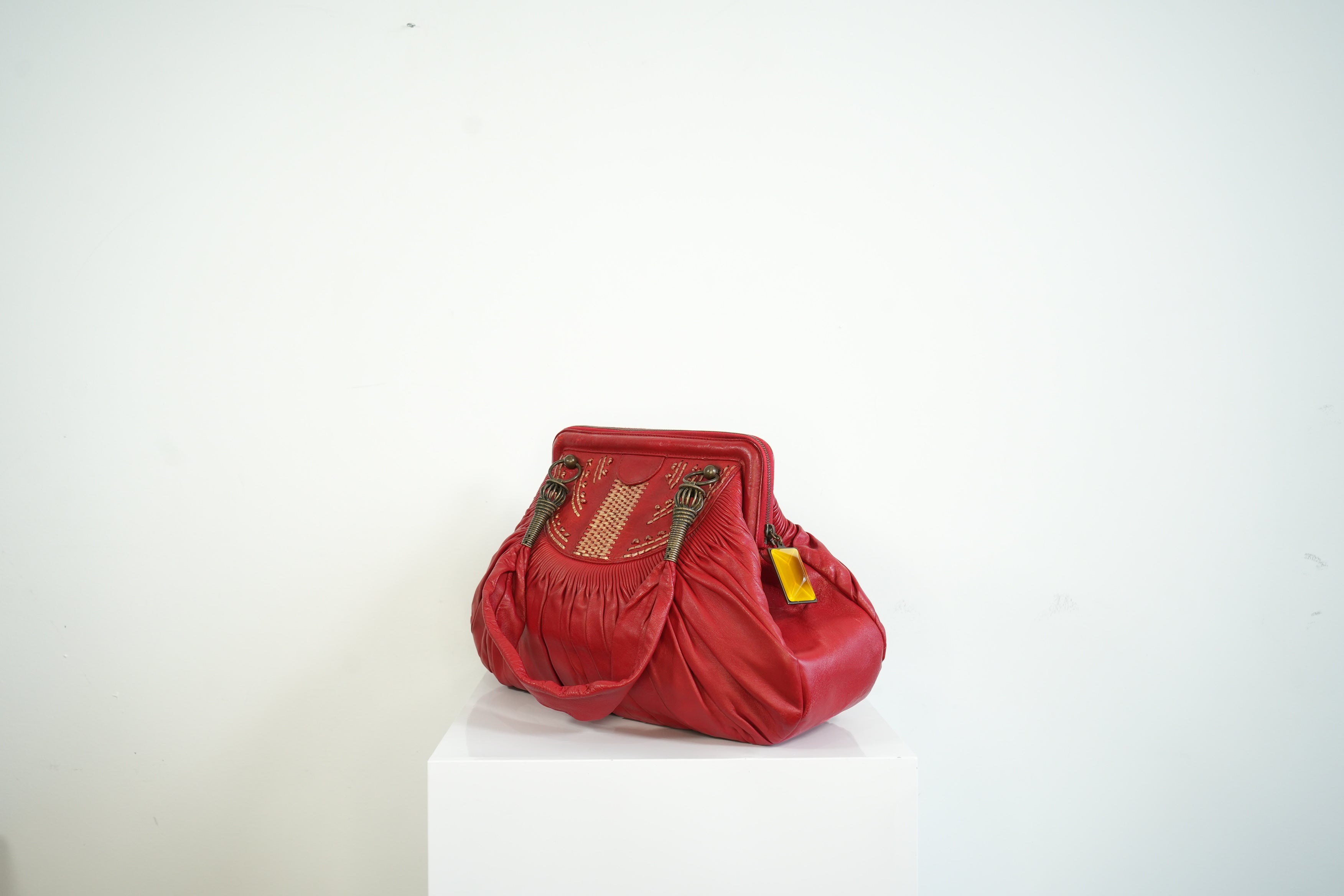 Christian Doir Plisse Large Pleated Red Lambskin Leather Handbag