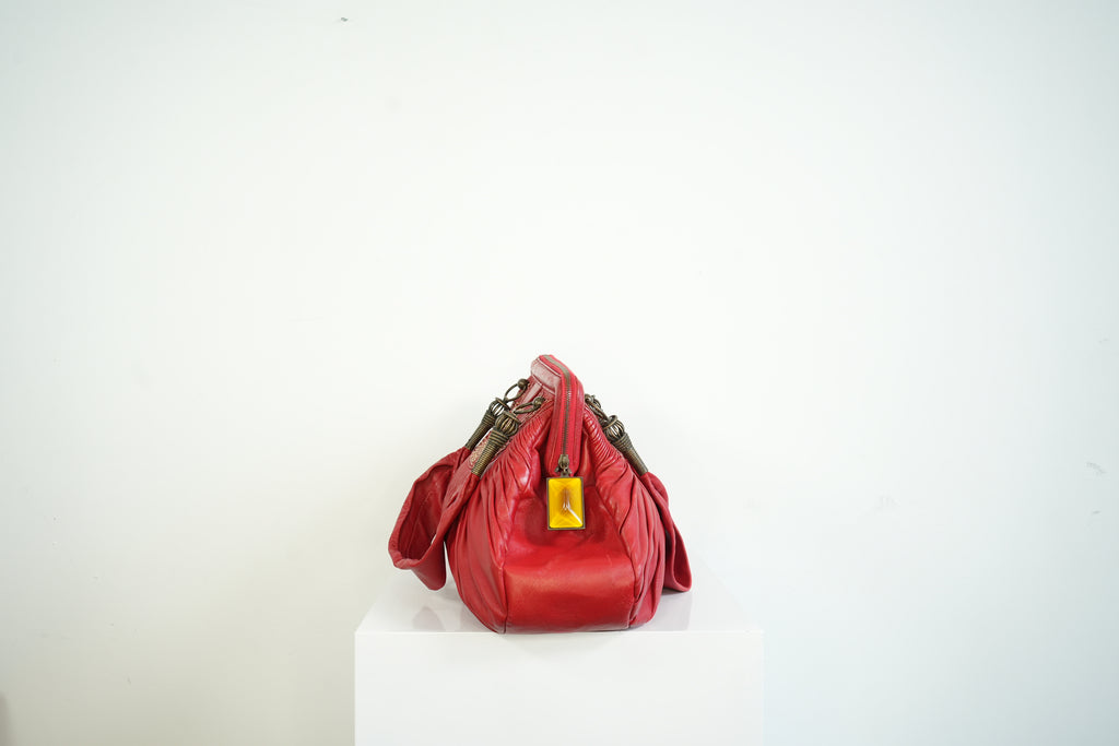 Christian Doir Plisse Large Pleated Red Lambskin Leather Handbag
