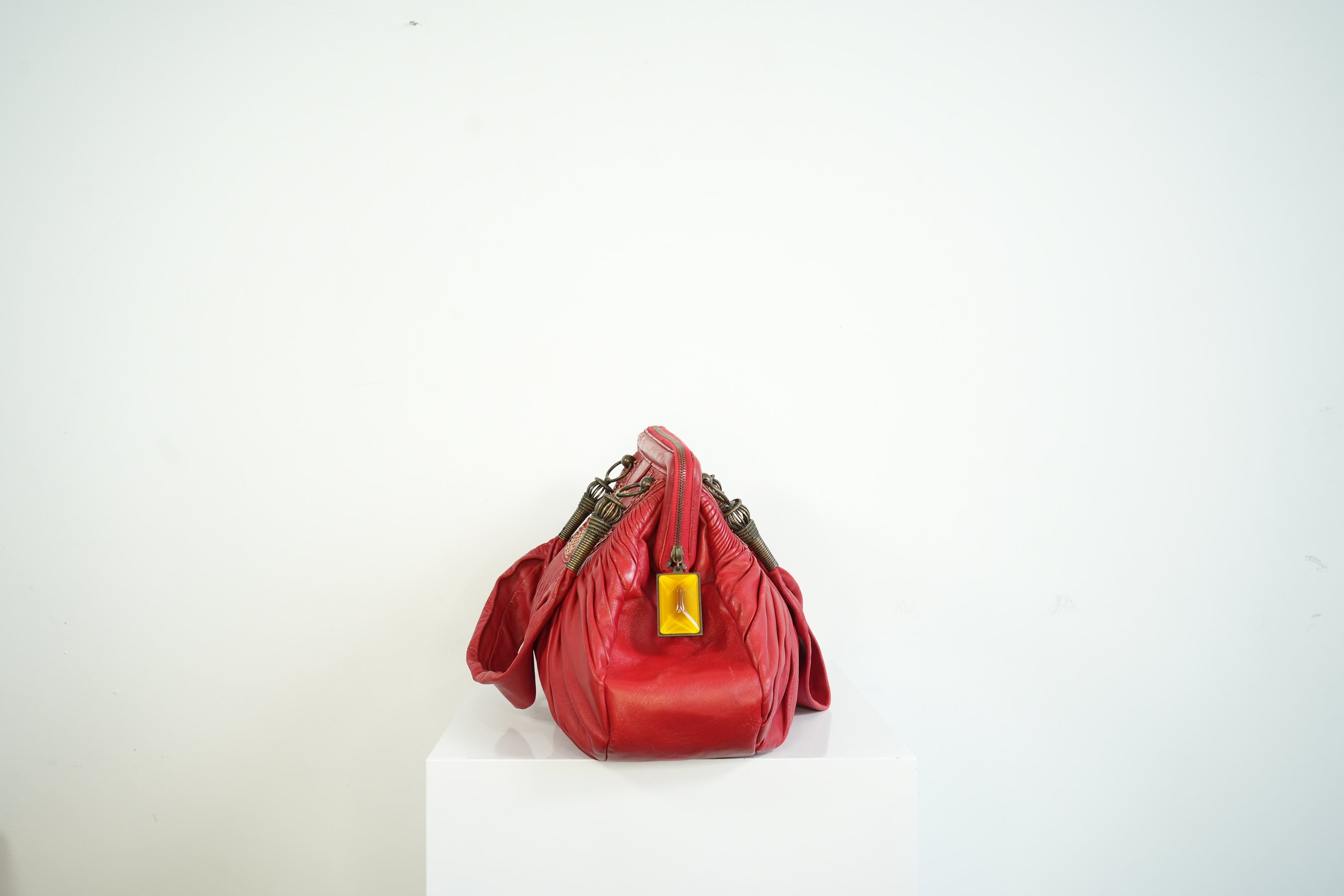 Christian Doir Plisse Large Pleated Red Lambskin Leather Handbag
